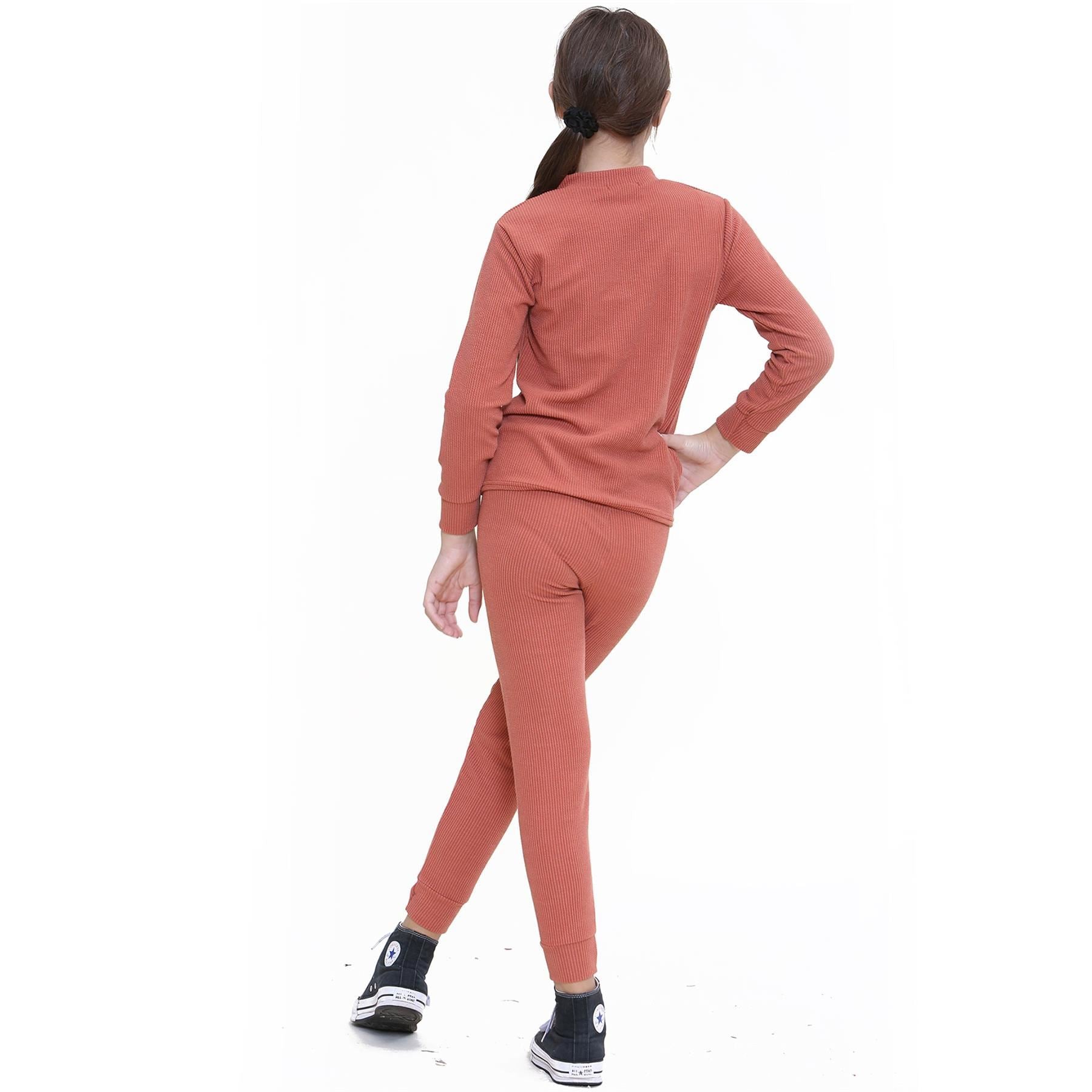 Kids Girls Ribbed Top & Bottom Tracksuit Lounge Wear Set