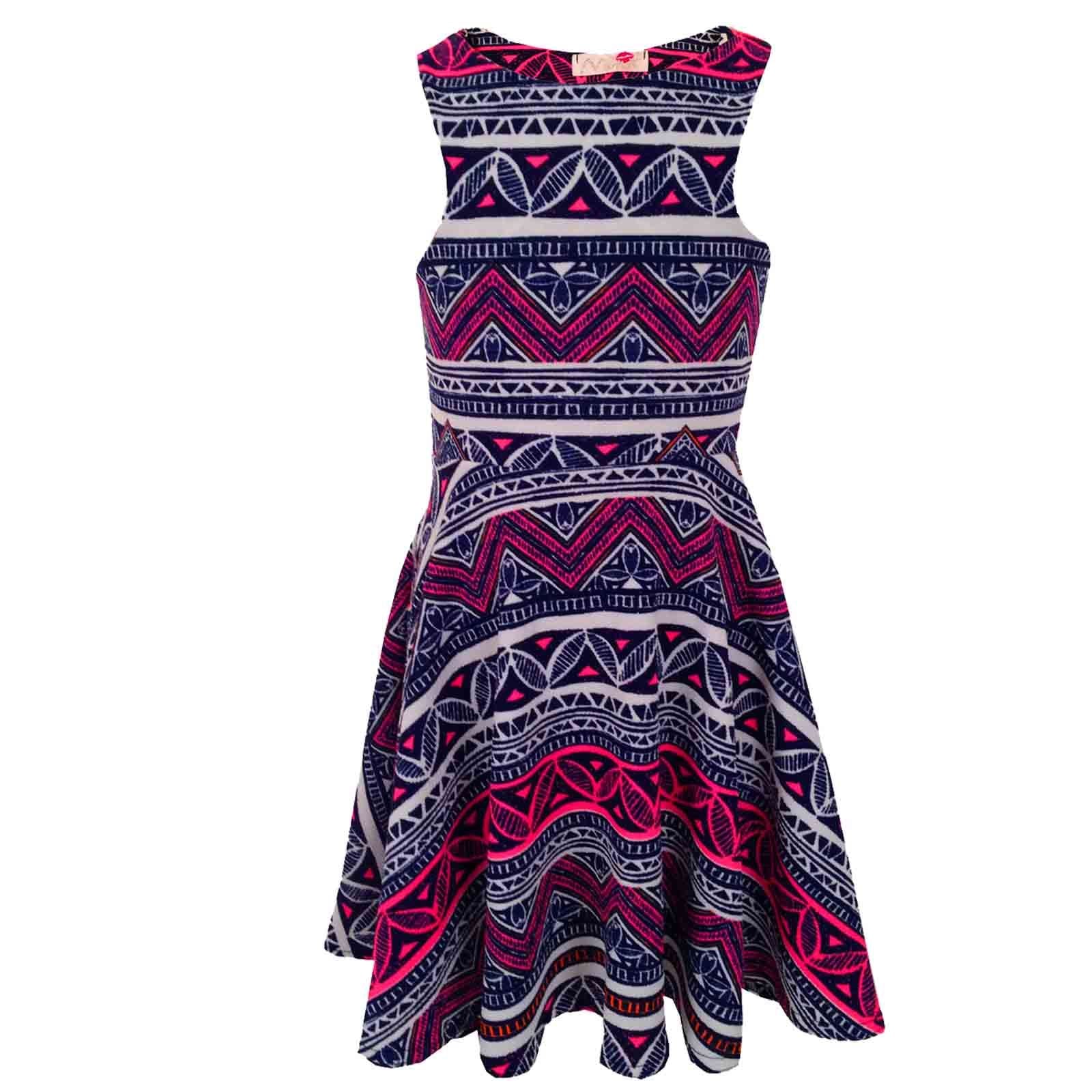 Kids Pink & Blue Aztec Tribal Print Skater Skirt Midi Dress Crop Top