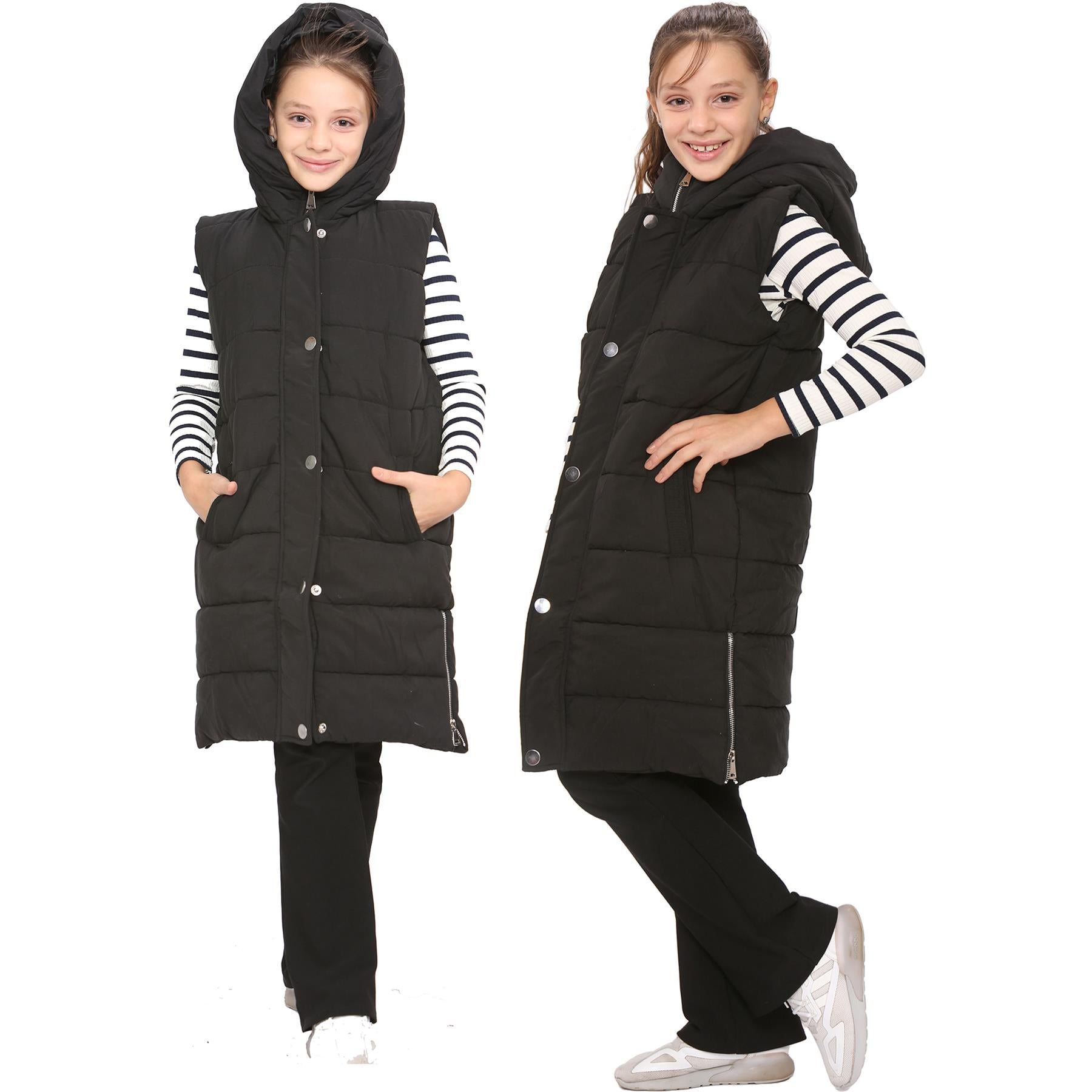 Kids Girls Black Gilet Long Line Style Jacket