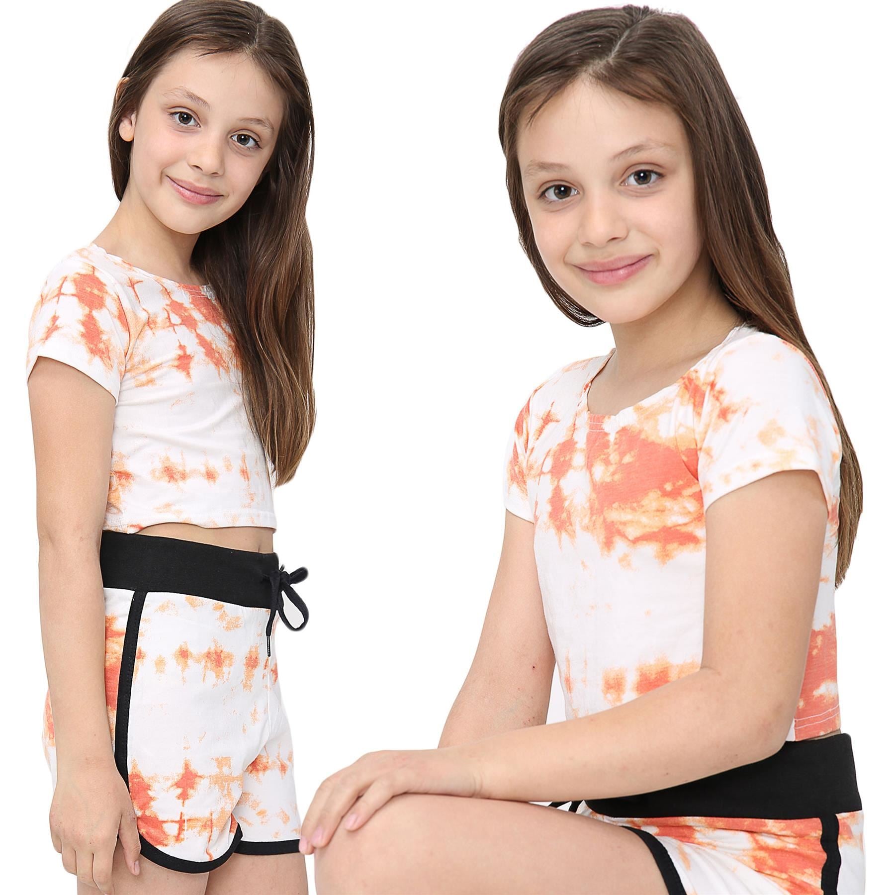 Girls Orange Tie Dye Print Summer Top & Hot Shorts Set