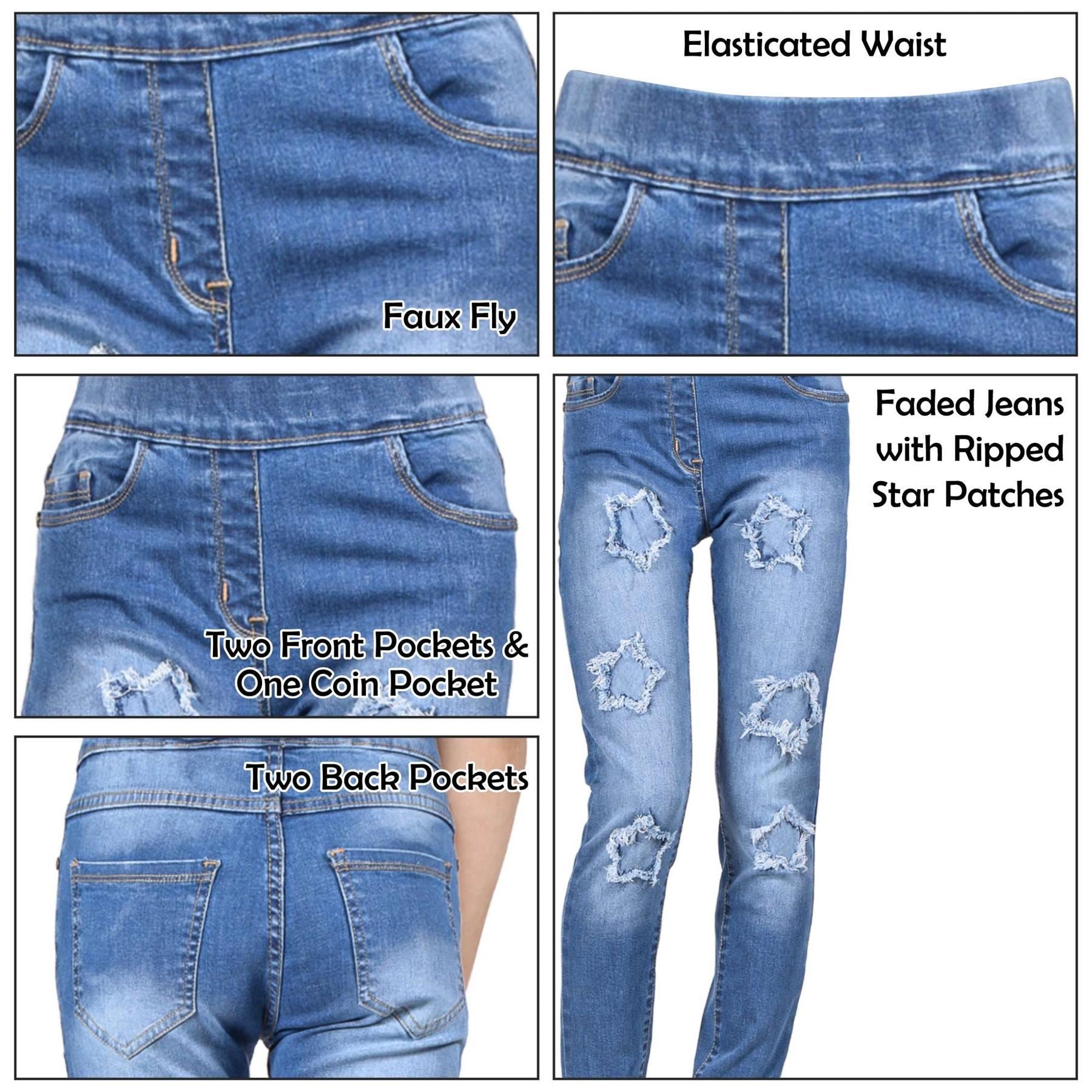 Kids Girls Comfort Stretchy Stars Ripped Mid Blue Fashion Denim Jeans