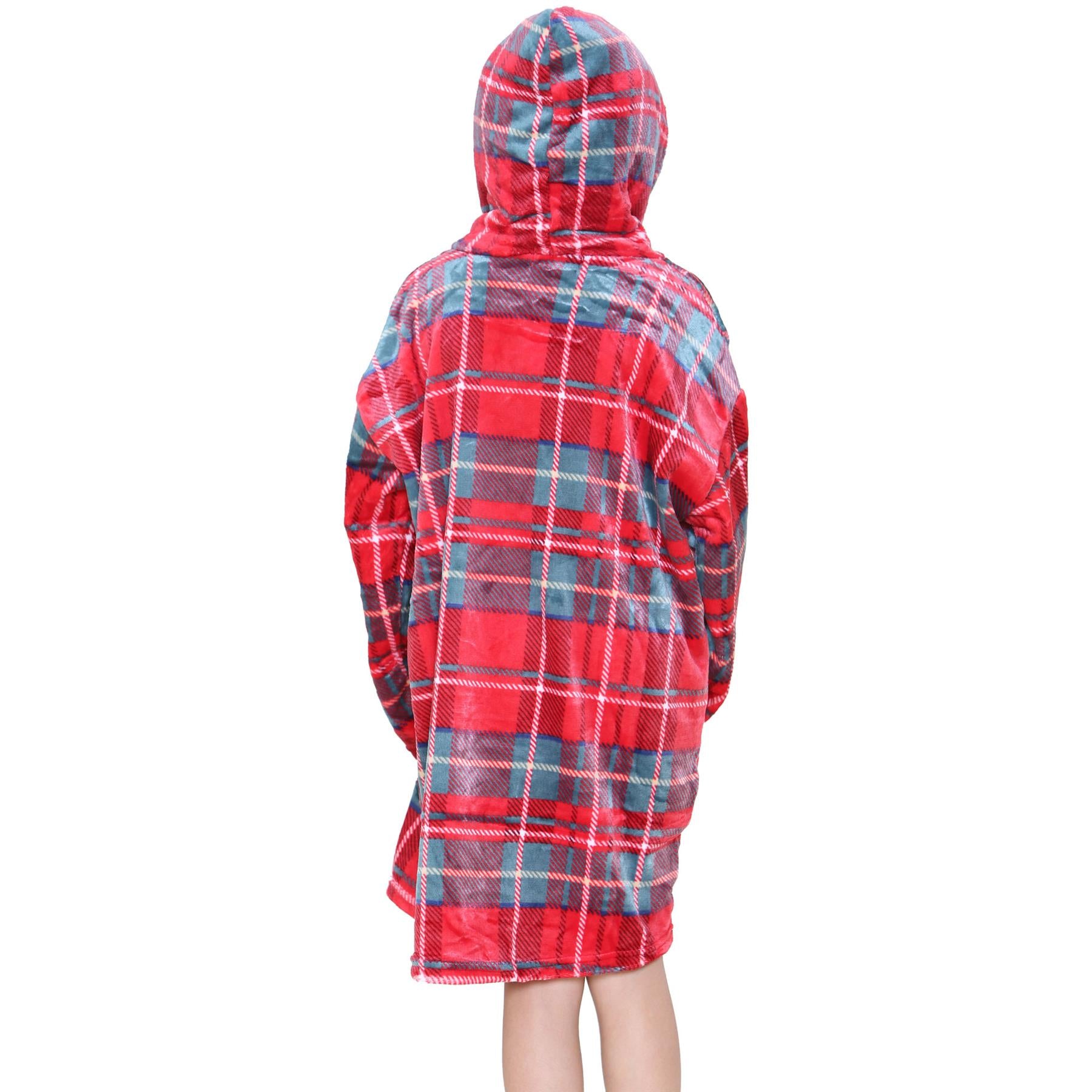 Kids Unisex Oversized Hoodie Snuggle Red Tartan Printed Fleece Blanket