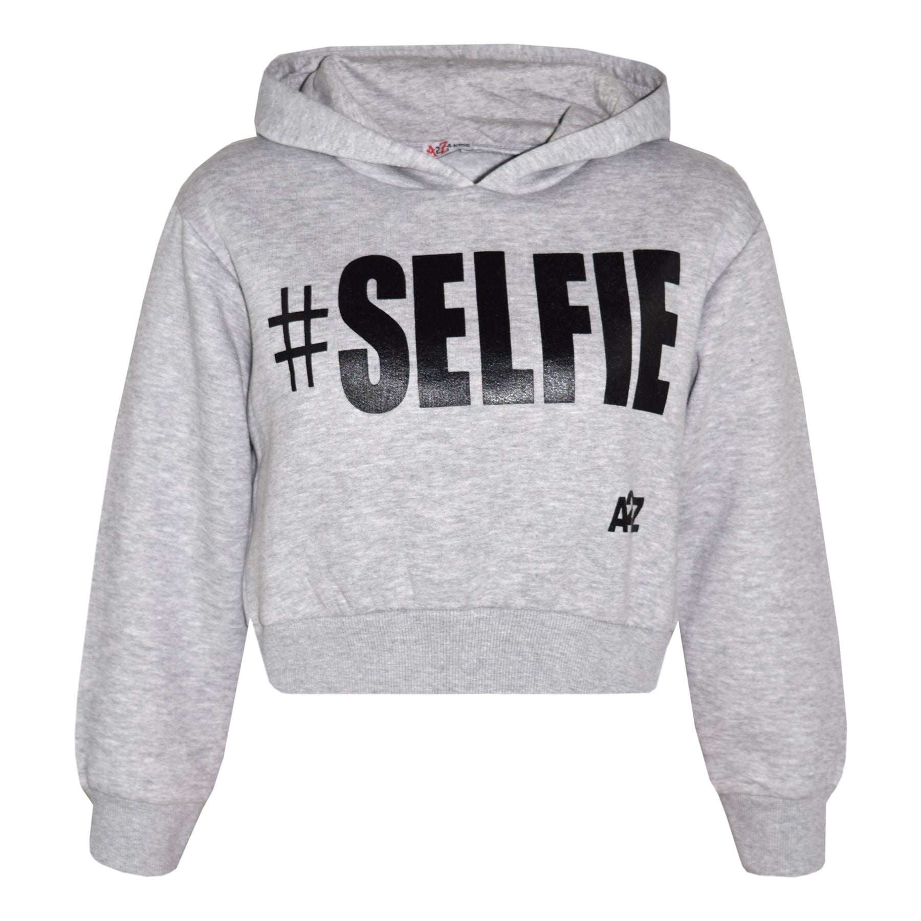 Kids Girls #Selfie Printed Hooded Crop Top & Bottom Jogging Suit