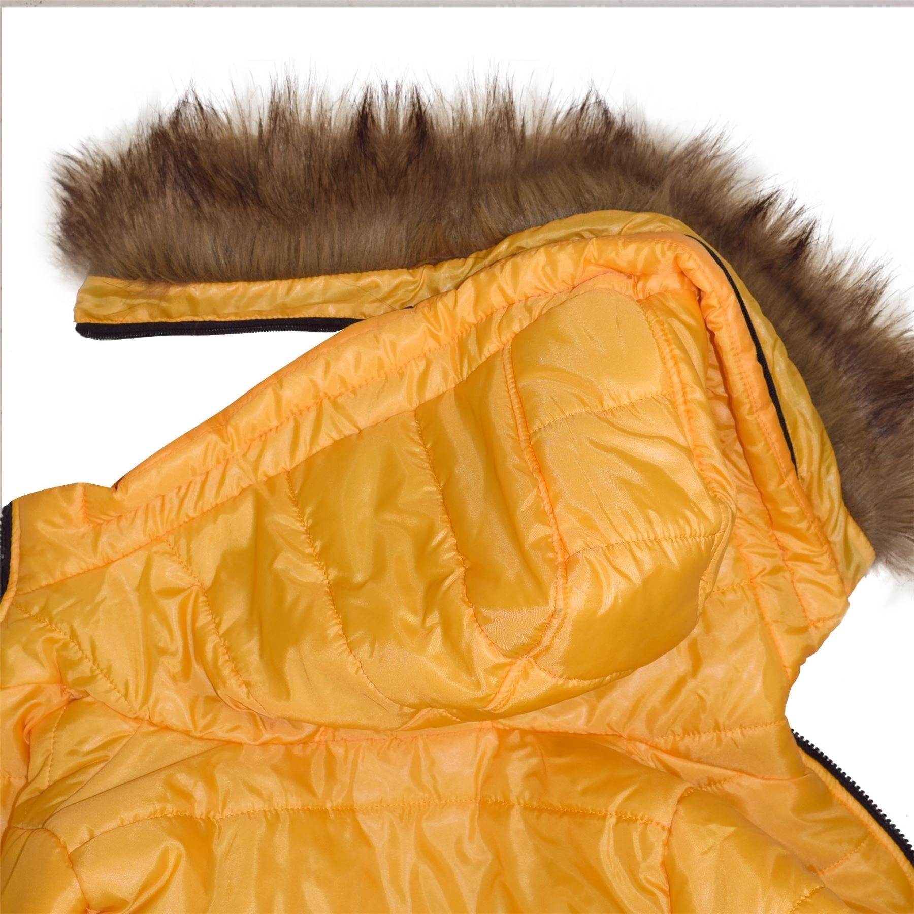 Kids Girls Boys Fux Fur Mustard Hooded Puffer Jacket