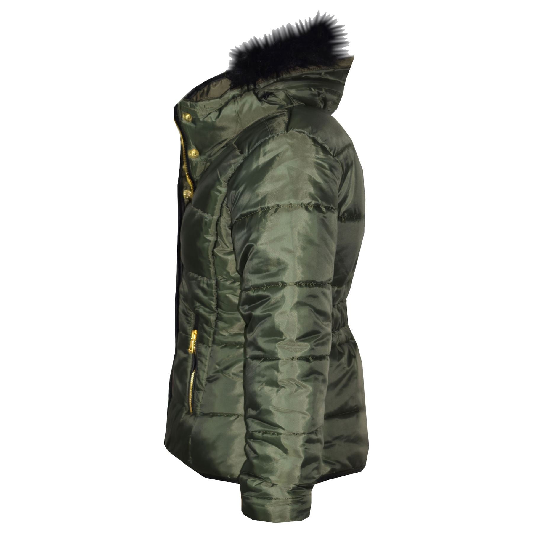 Kids Girls Puffer Quilted Coat Olive Hooded Faux Fur Jacket