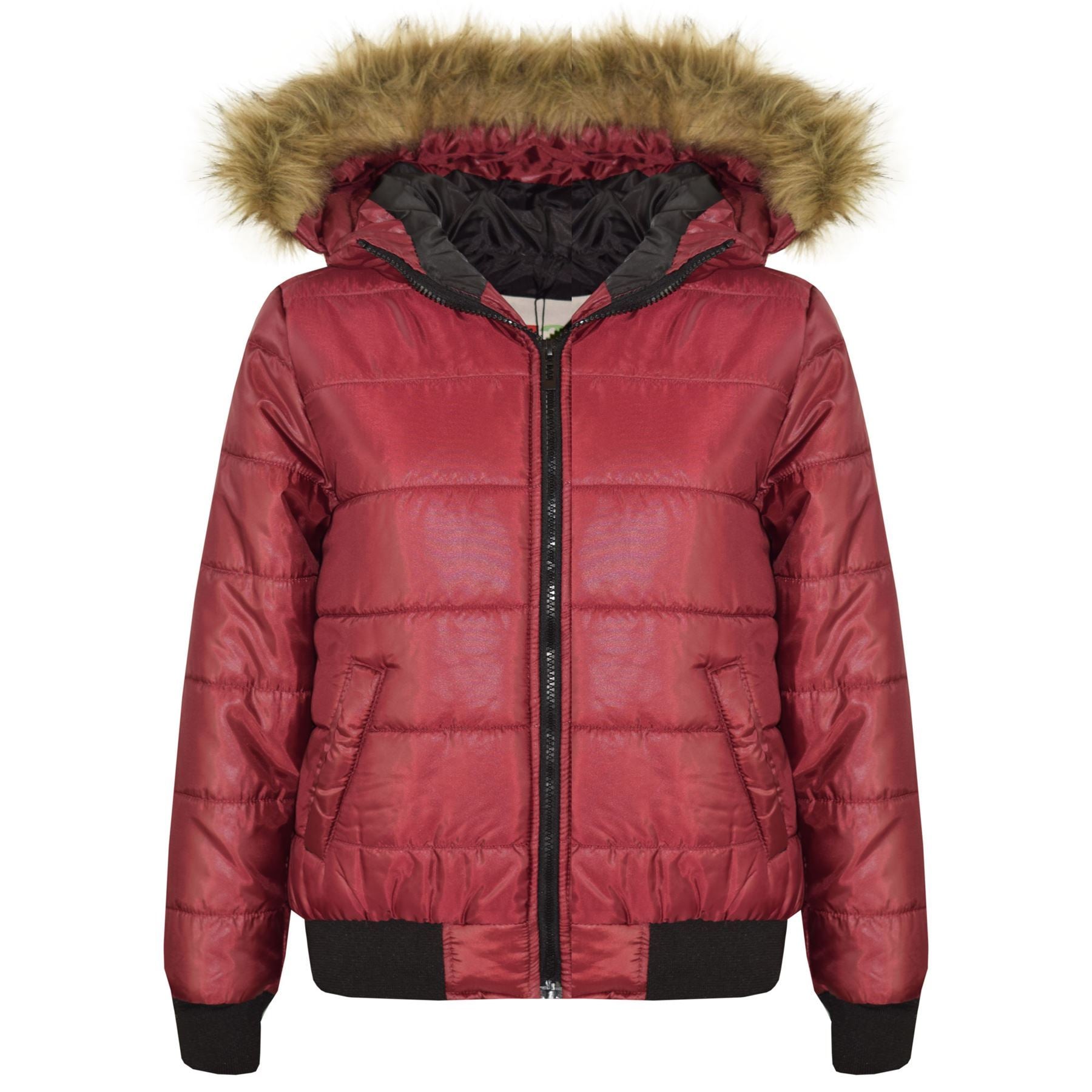 Kids Girls Boys Fux Fur Wine Hooded Puffer Jacket