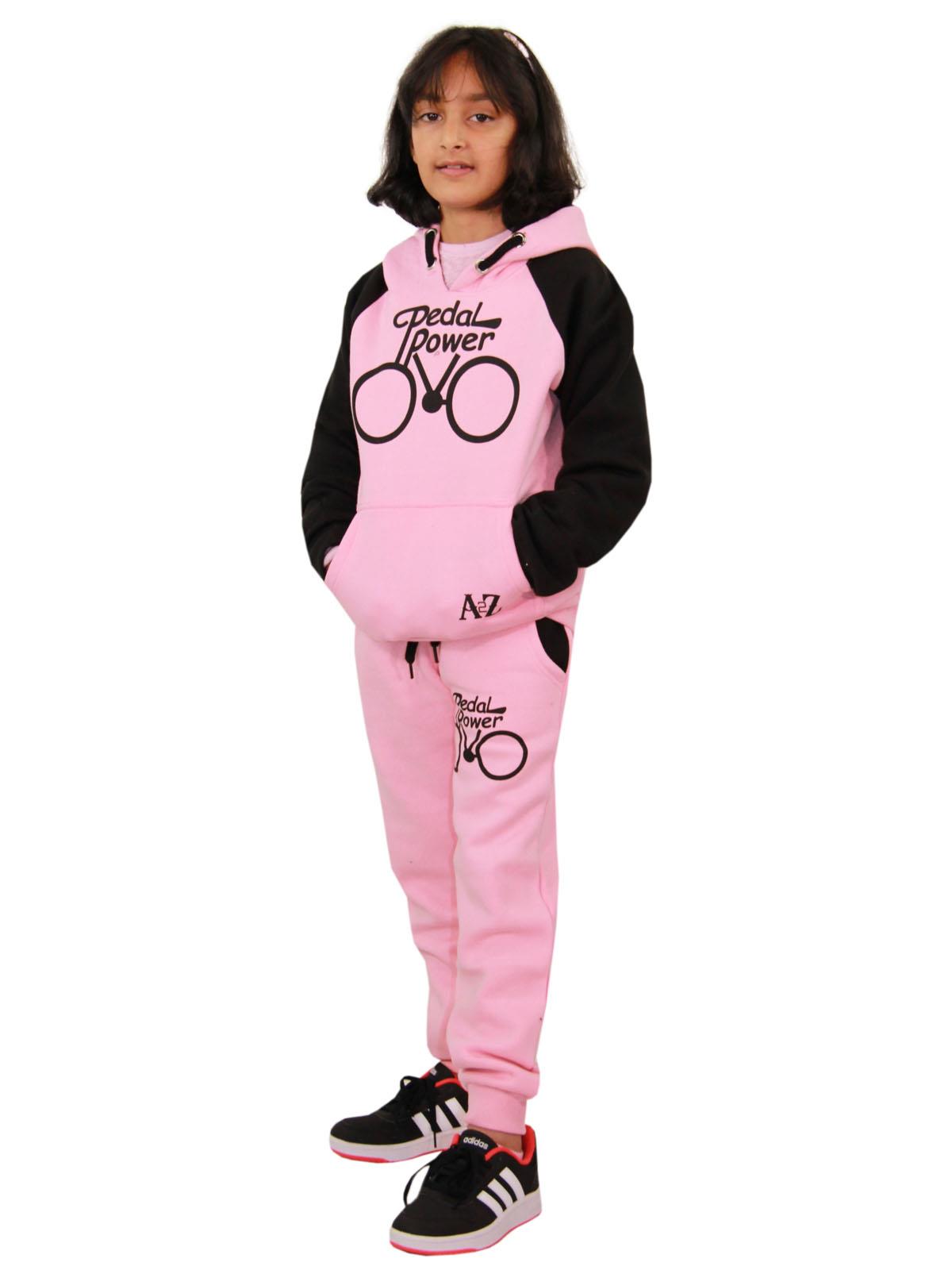 Kids Girls Pedal Power Print Hooded Baby Pink & Black Tracksuit