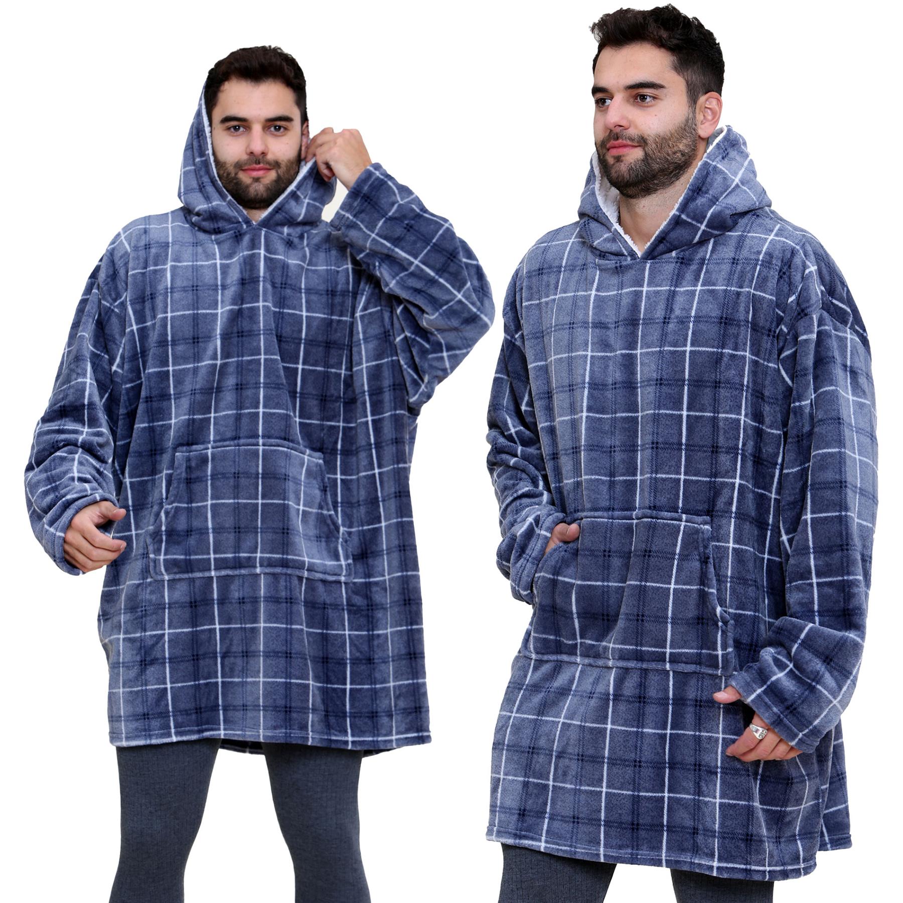 Unisex Men's Ladies Oversized Hoodie Blue Tartan Snuggle Super Soft Warm Blanket