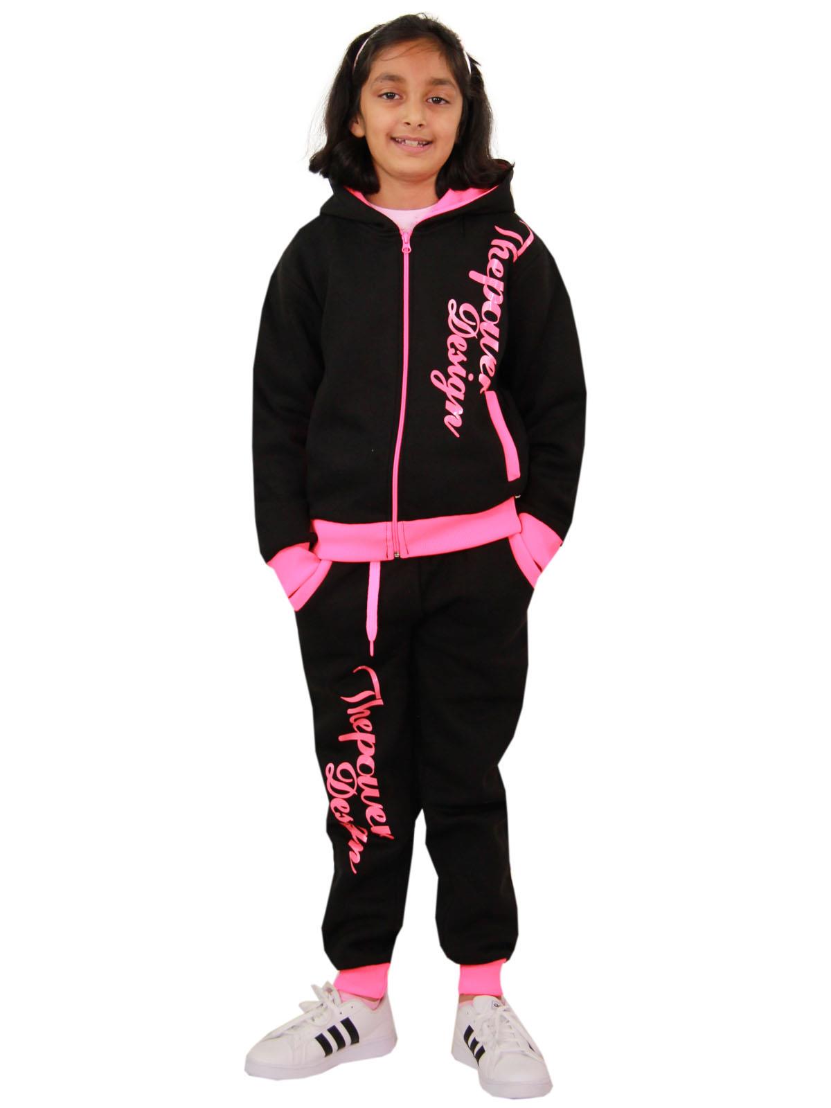 Kids Girls The Power Design Jogger Black & Neon Pink Tracksuit