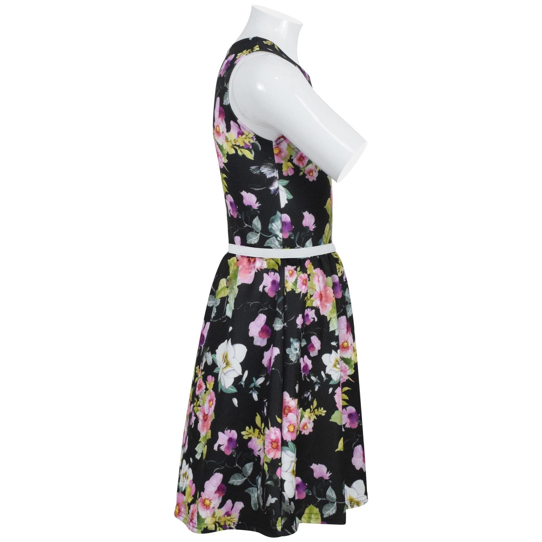 Girls Black Floral Print Skater Dress