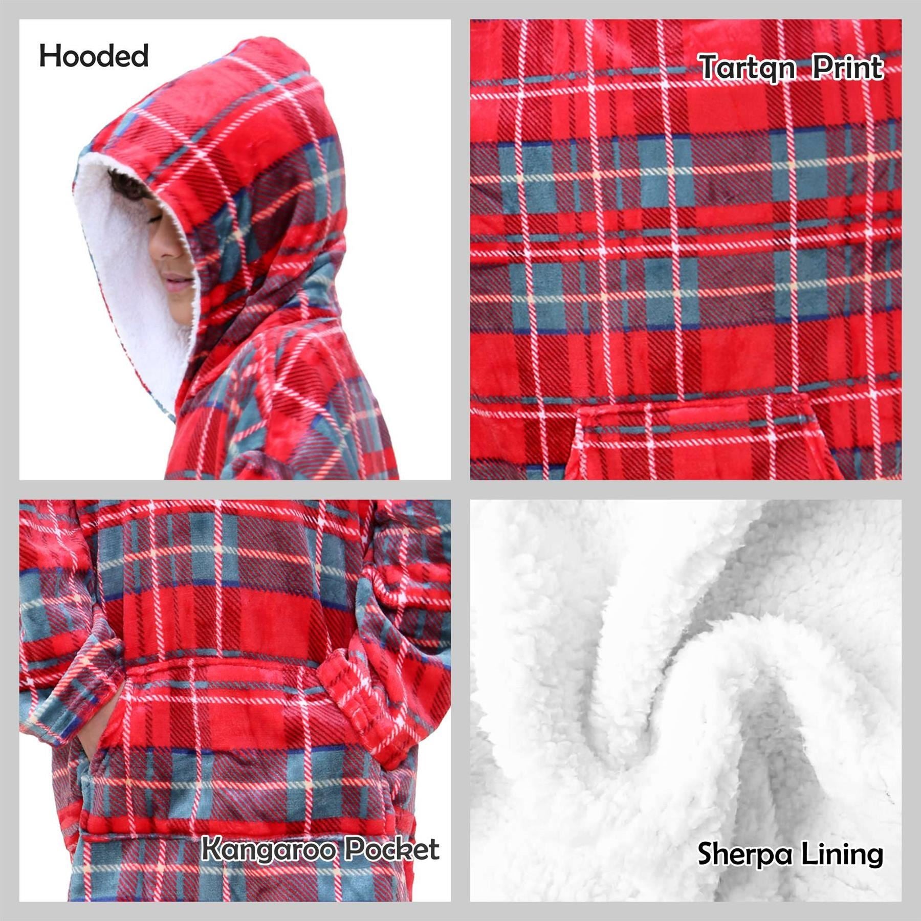 Kids Unisex Oversized Hoodie Snuggle Red Tartan Printed Fleece Blanket