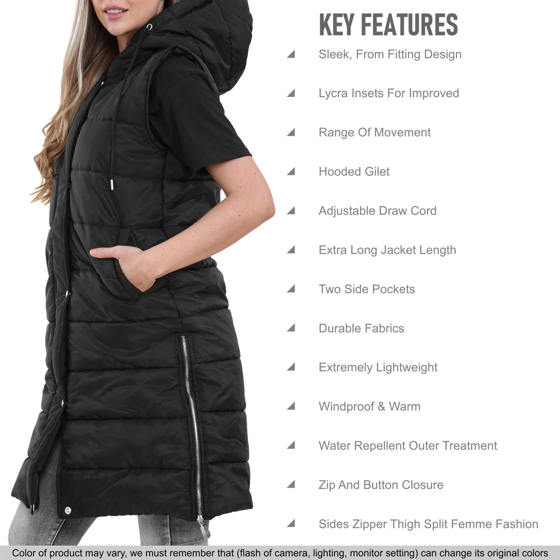 Ladies Oversized Zipped Gilet Long Line Style Black Jacket Sleeveless Long Coat