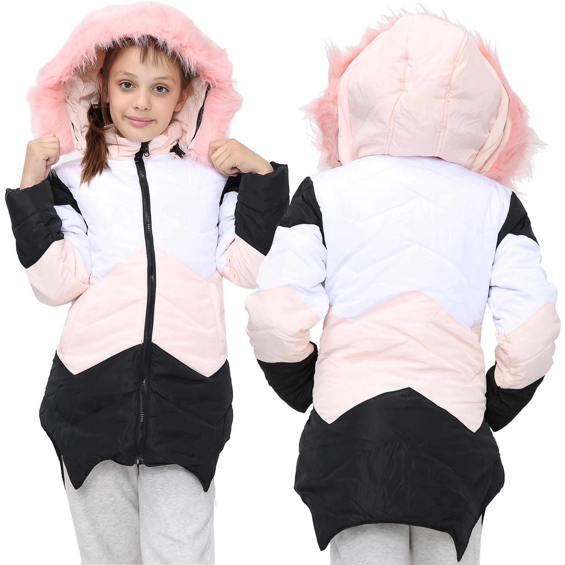 Kids Hooded Baby Pink Puffer Coat Faux Fur Jacket Contrast Panel - Kids Clothing Store