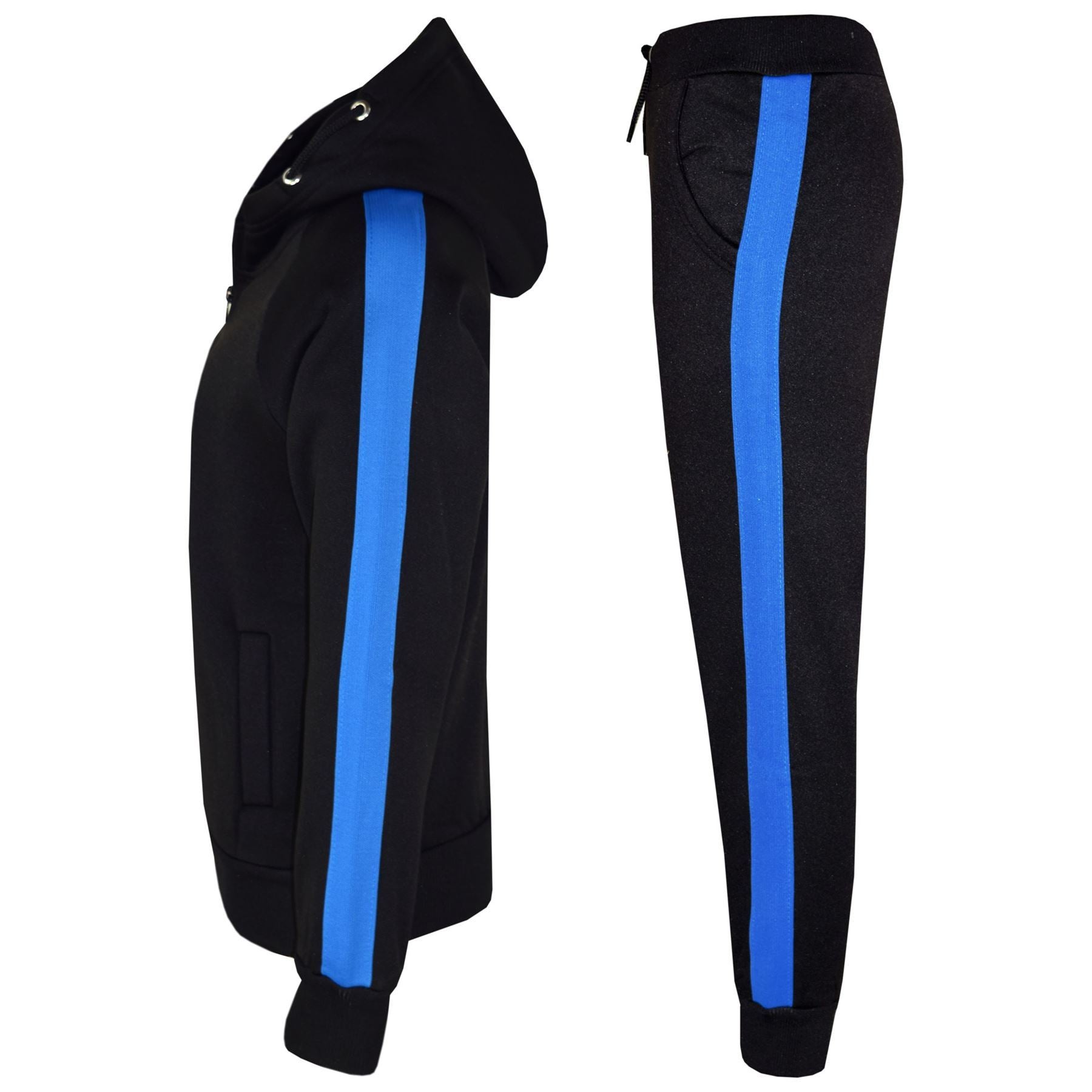 Unisex Black & Blue Jogging Plain Fleece Hooded Tracksuit