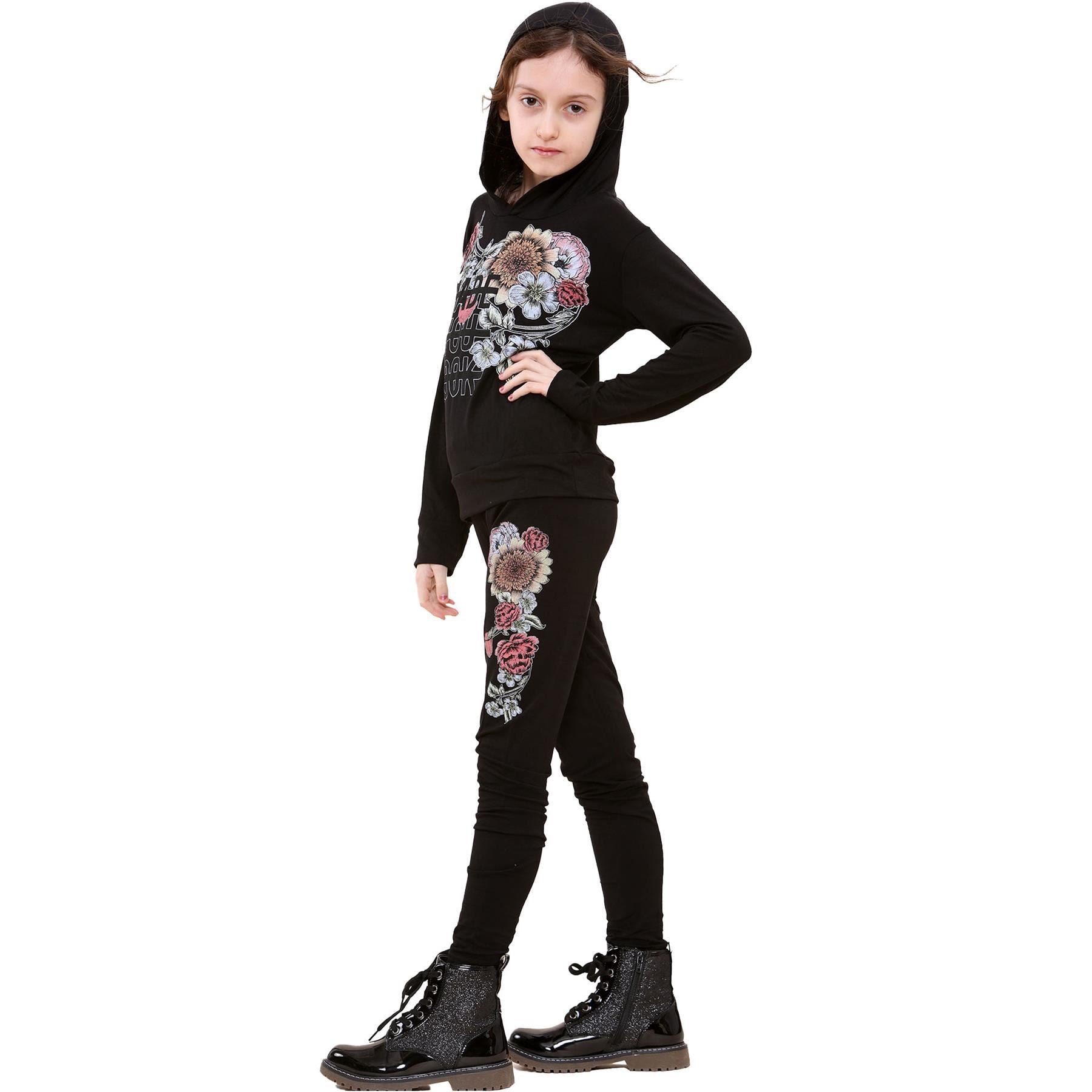 Kids Girls Made You Look Print Black Hooded Top & Legging Set