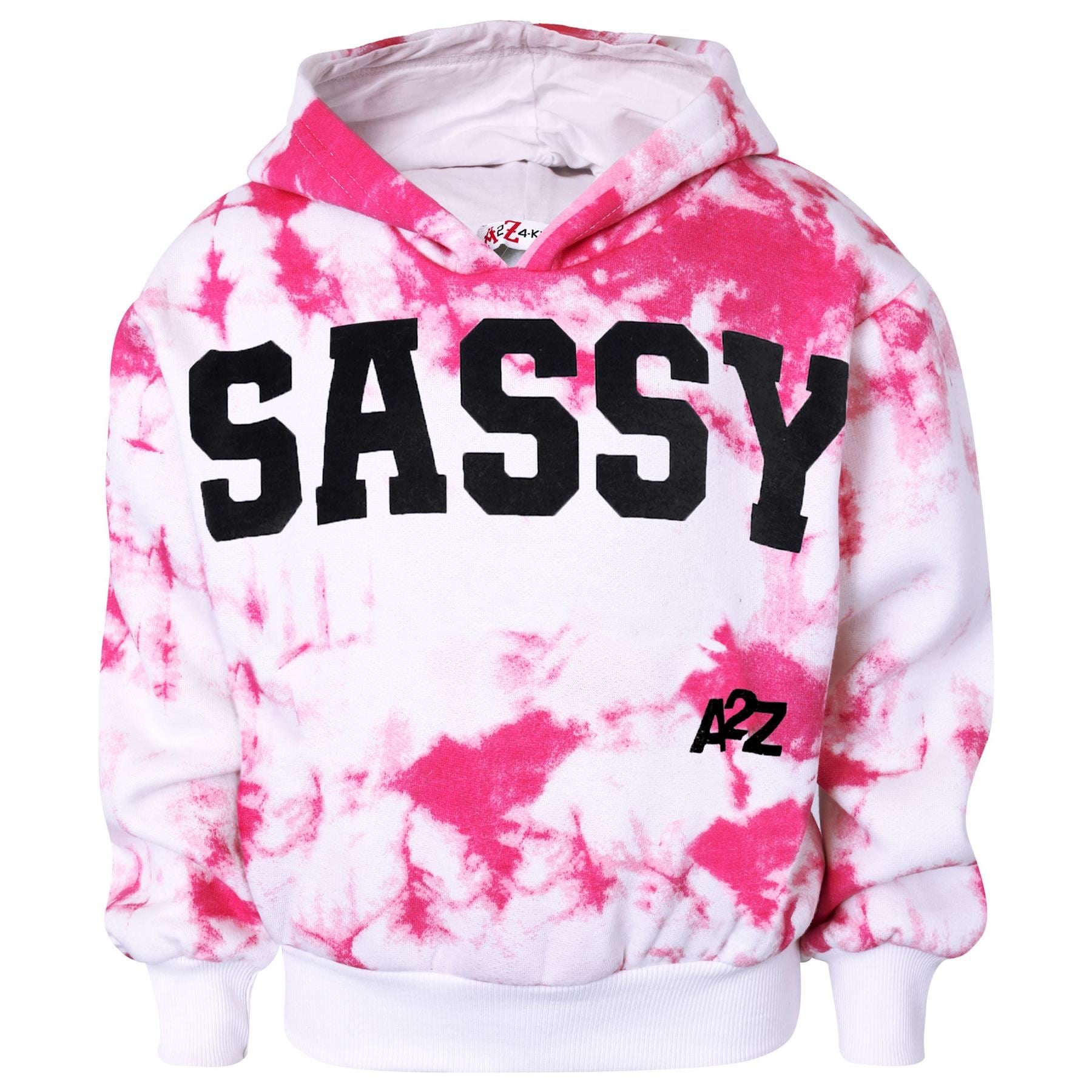 Kids Girls Tie Dye Tracksuit "SASSY" Print Pink Hooded Crop Jogging Suit