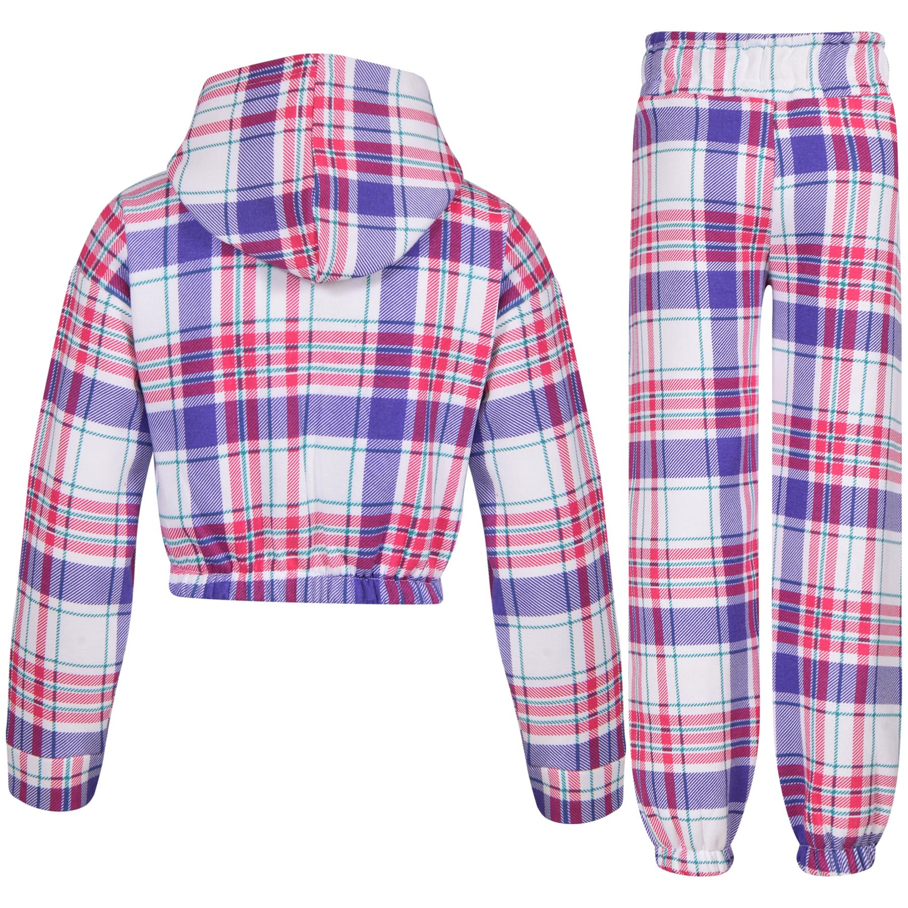 Girls Purple Check Print Cropped Hooded Tracksuit