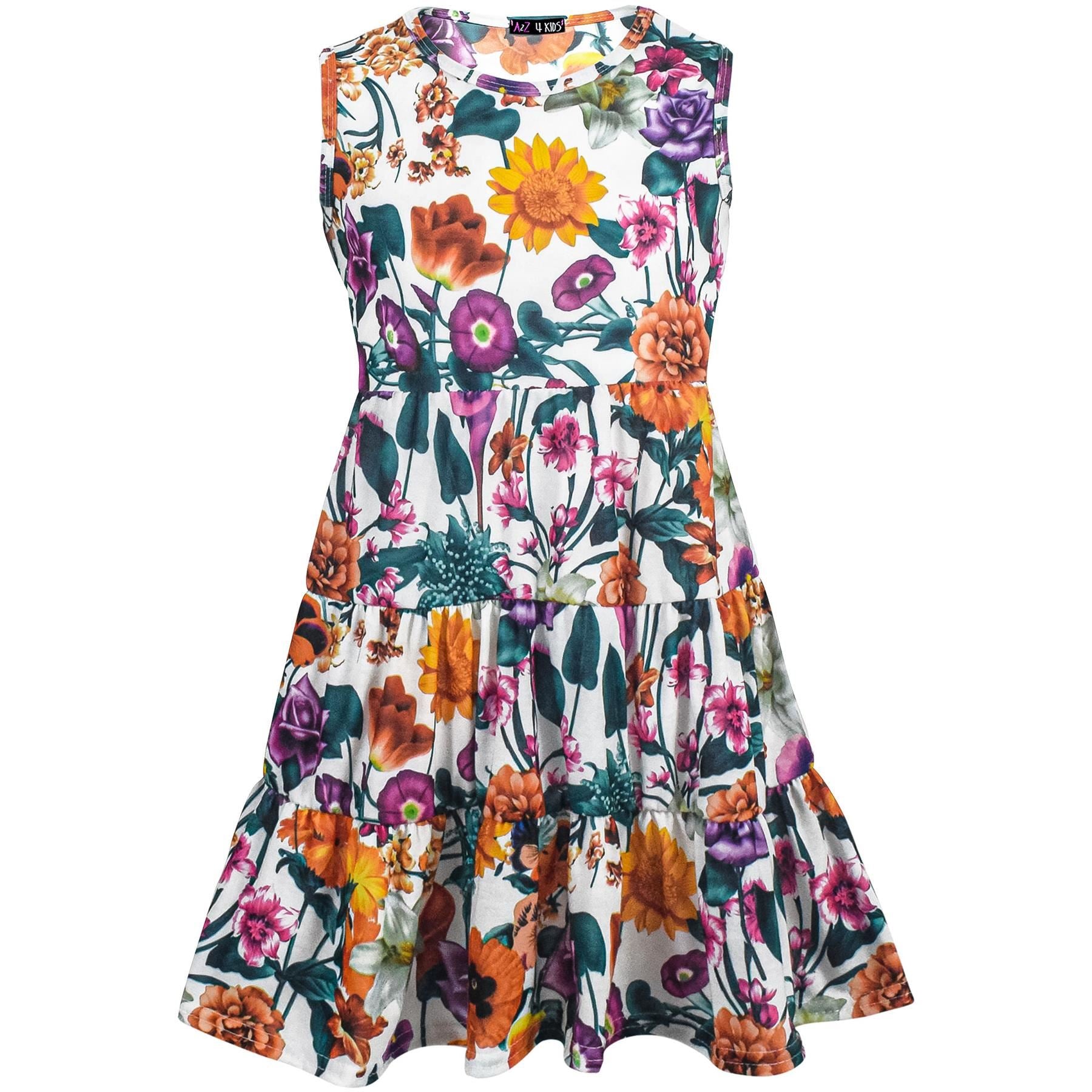 Girls Tropical Floral Print Ruffle Dress