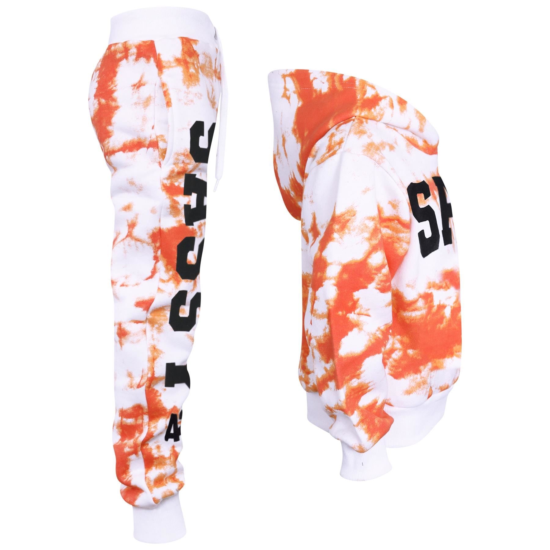 Kids Girls Tie Dye Tracksuit "SASSY" Print Orange Hooded Crop Jogging Suit