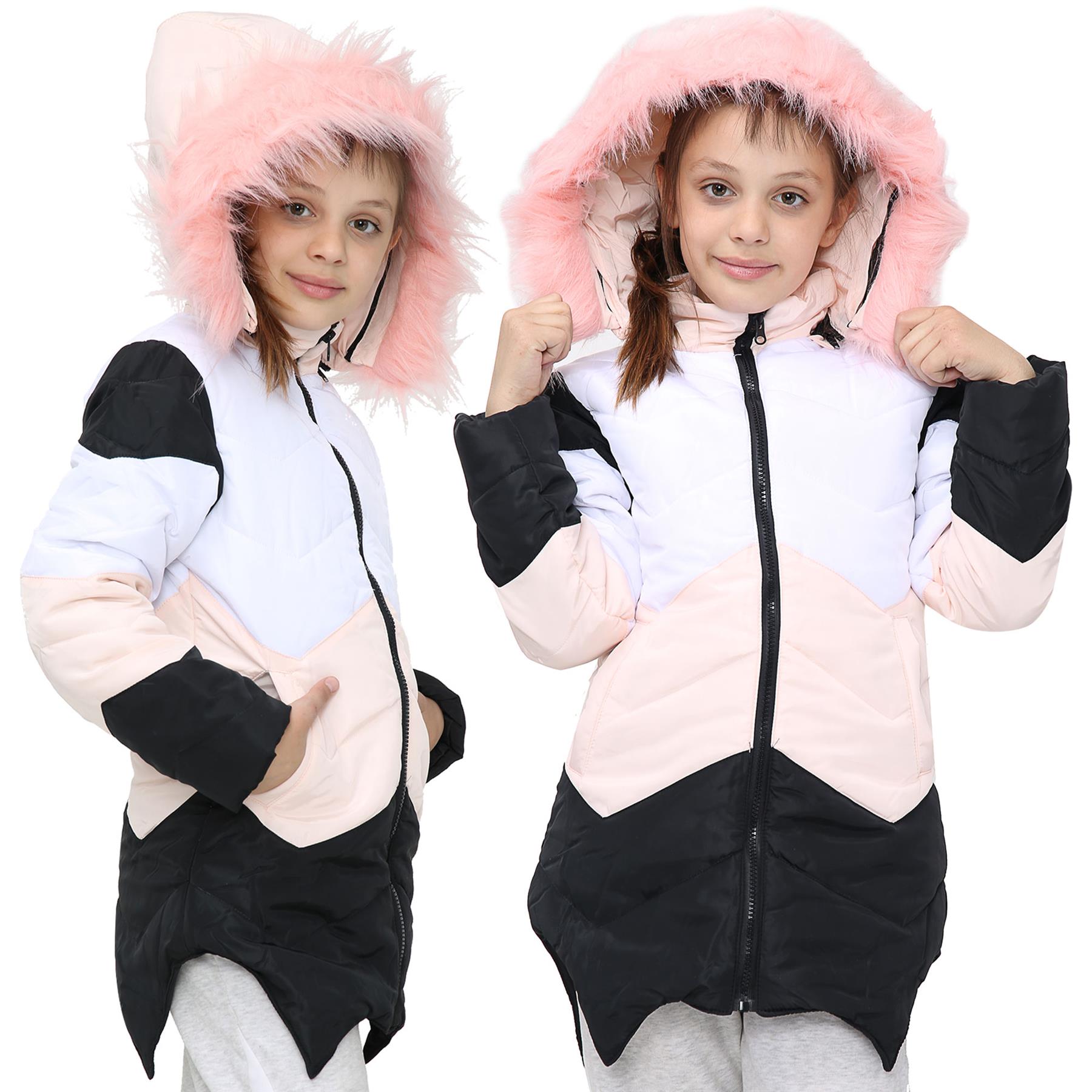 Kids Hooded Baby Pink Puffer Coat Faux Fur Jacket Contrast Panel - Kids Clothing Store