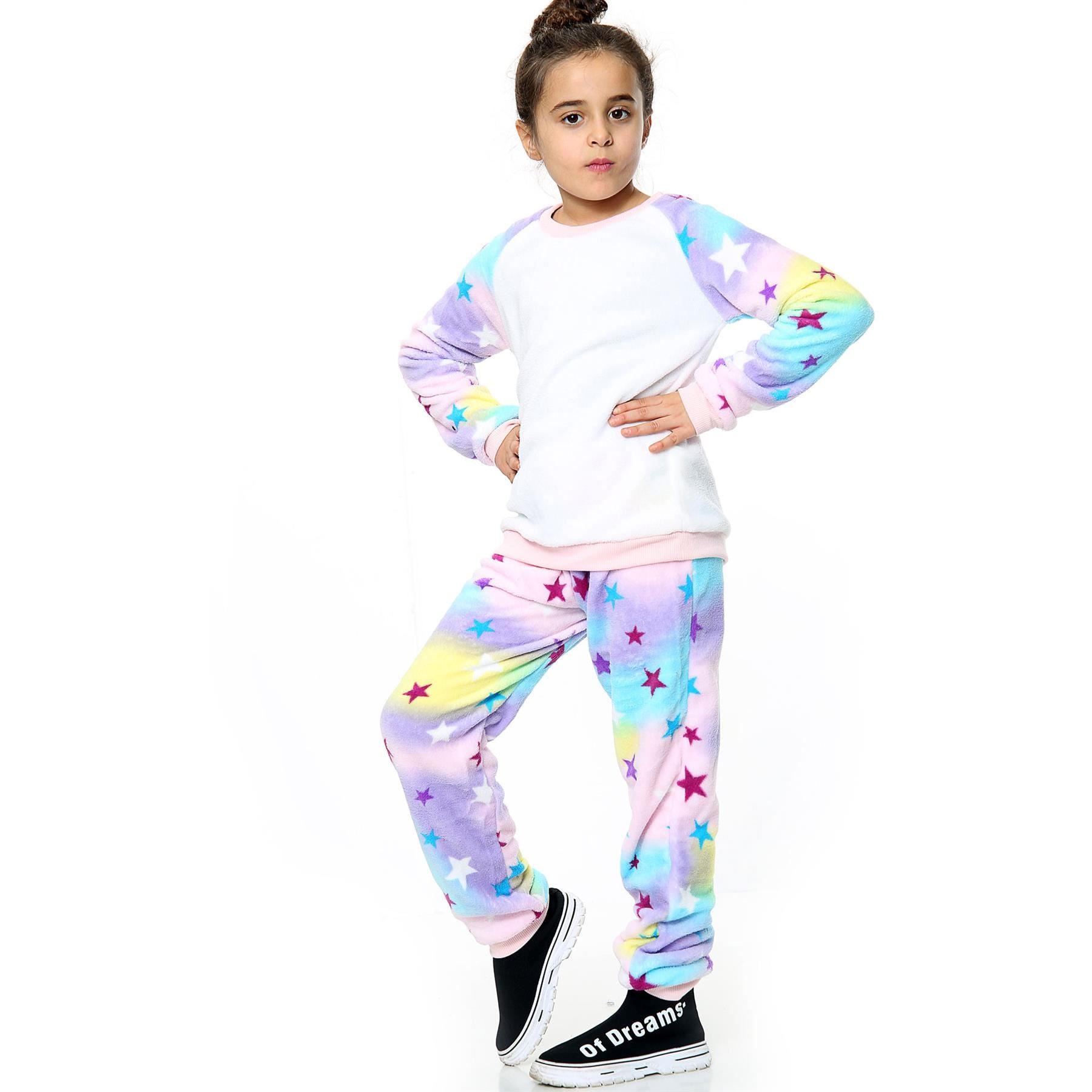 Kids Stars Print Sleeve Pyjamas Sleepsuit Costume For Girls Boys Age 5-13