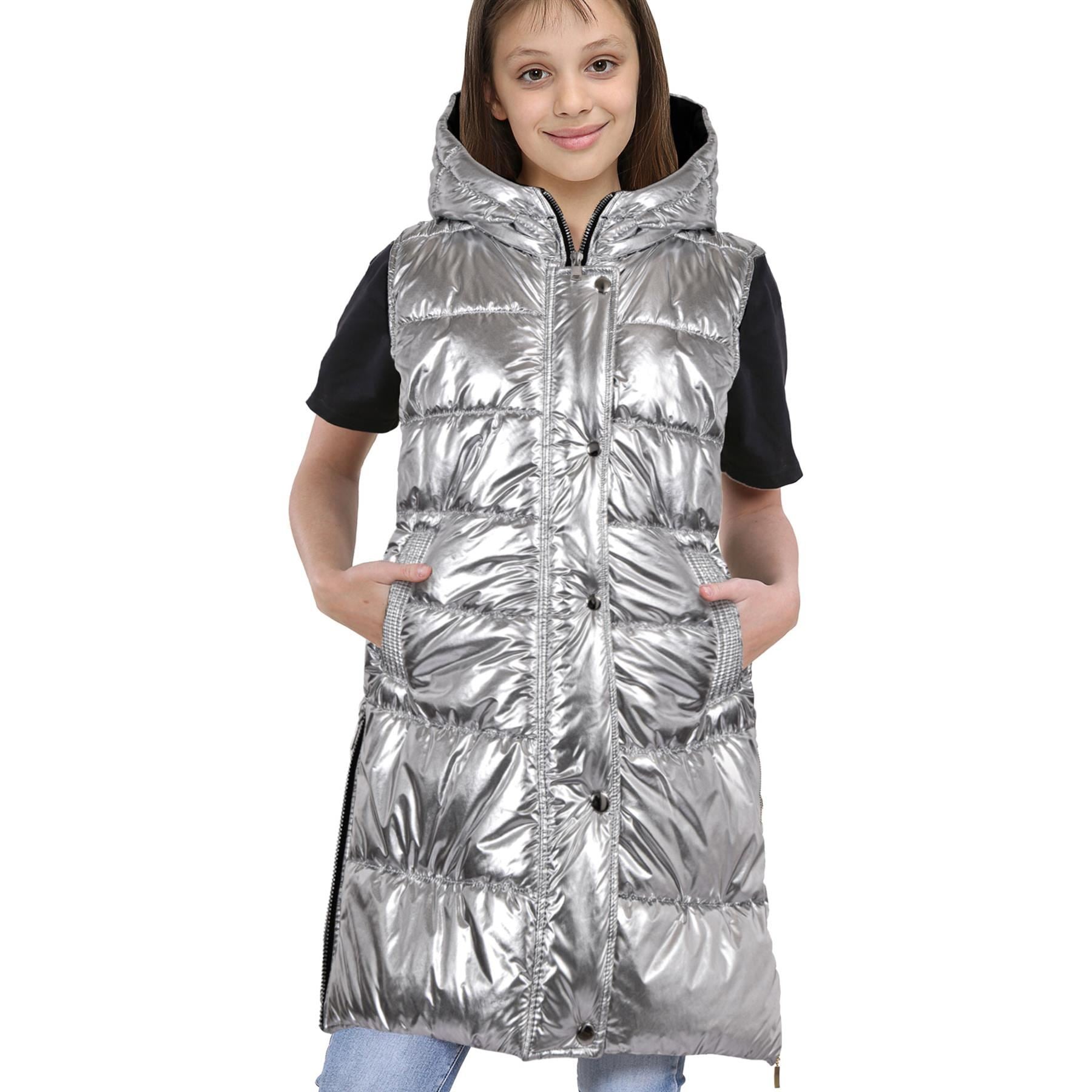 Kids Girls Oversized Gilet Long Line Style Silver Foil Jacket