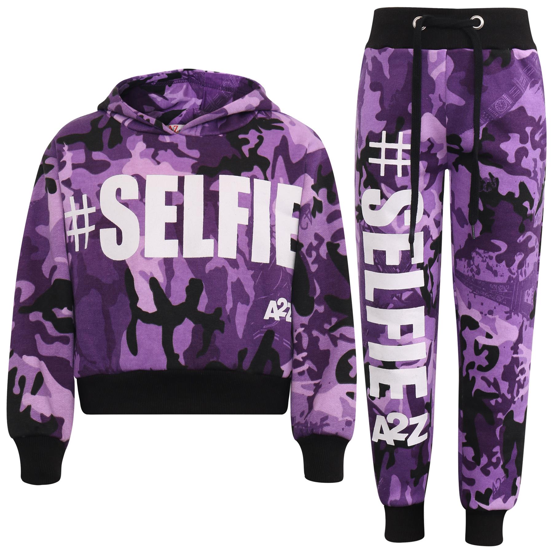 Kids Girls #Selfie Printed Hooded Crop Top & Bottom Jogging Suit