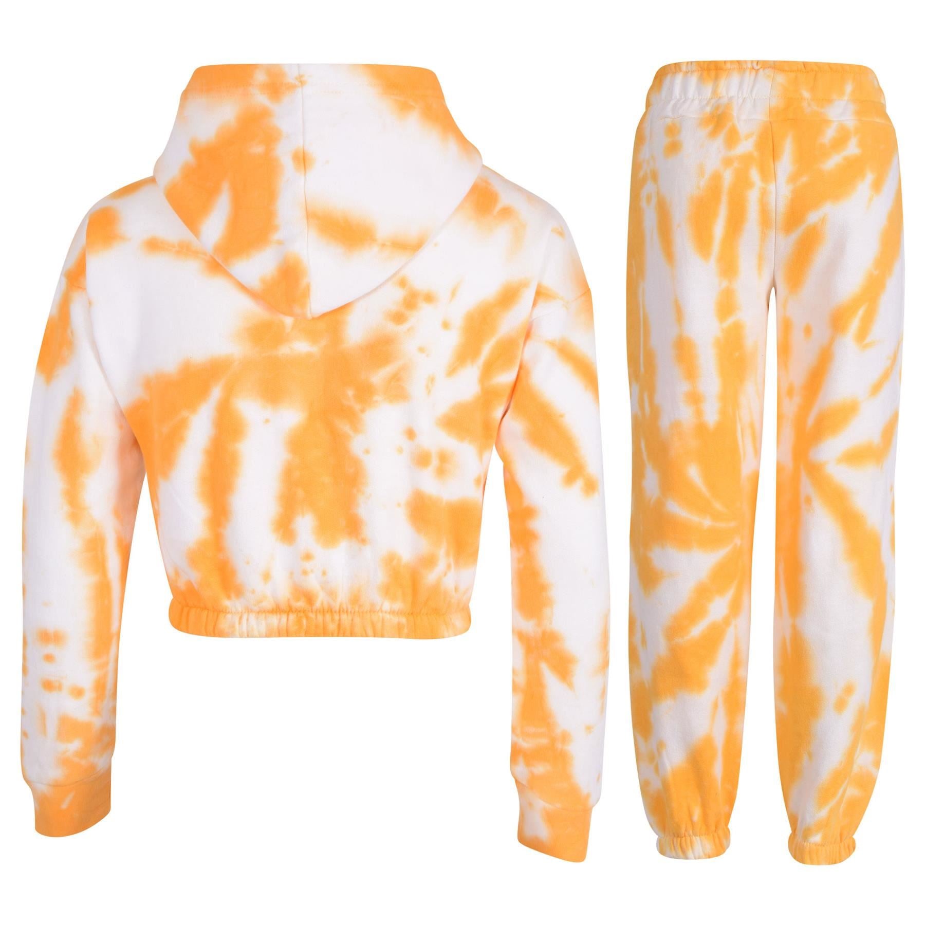 Kids Girls Tie Dye Mustard Tracksuit Gym Cropped Hoodie Sweatpants