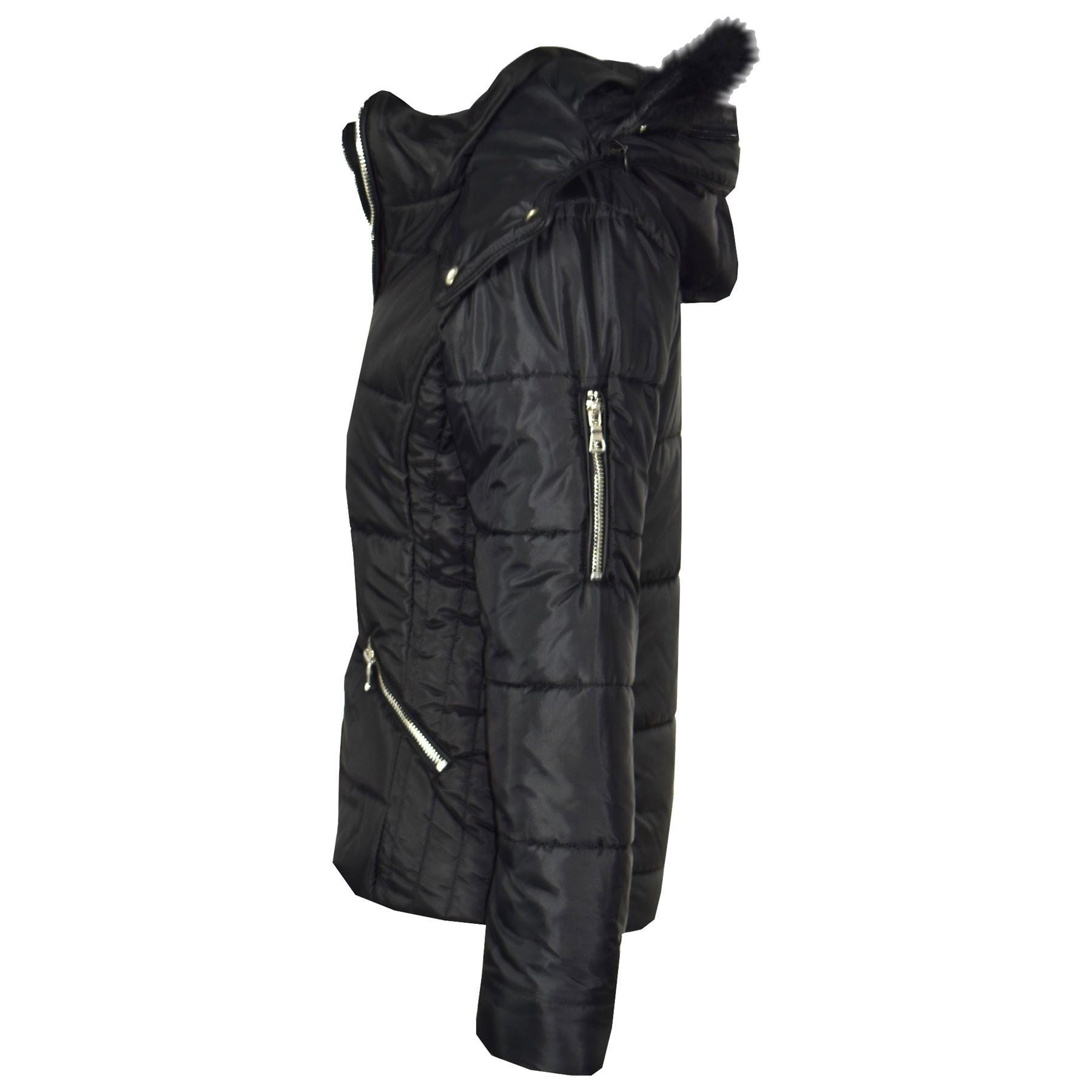 Kids Girls Quilted Black Puffer Coat Faux Fur Collar Hood Jacket