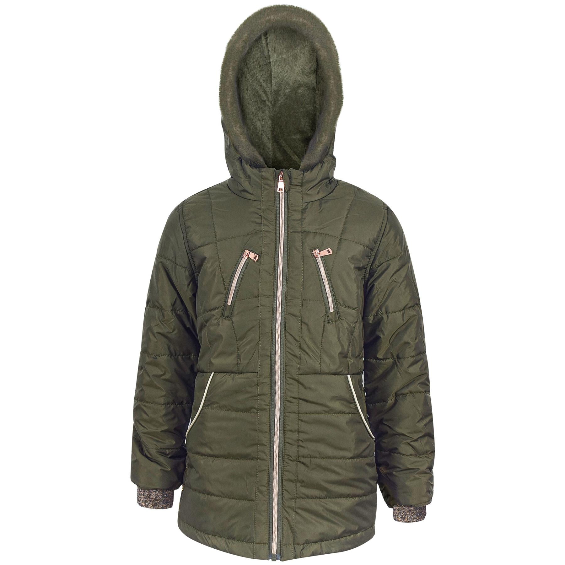 Kids Girls Longline Olive Padded Jacket