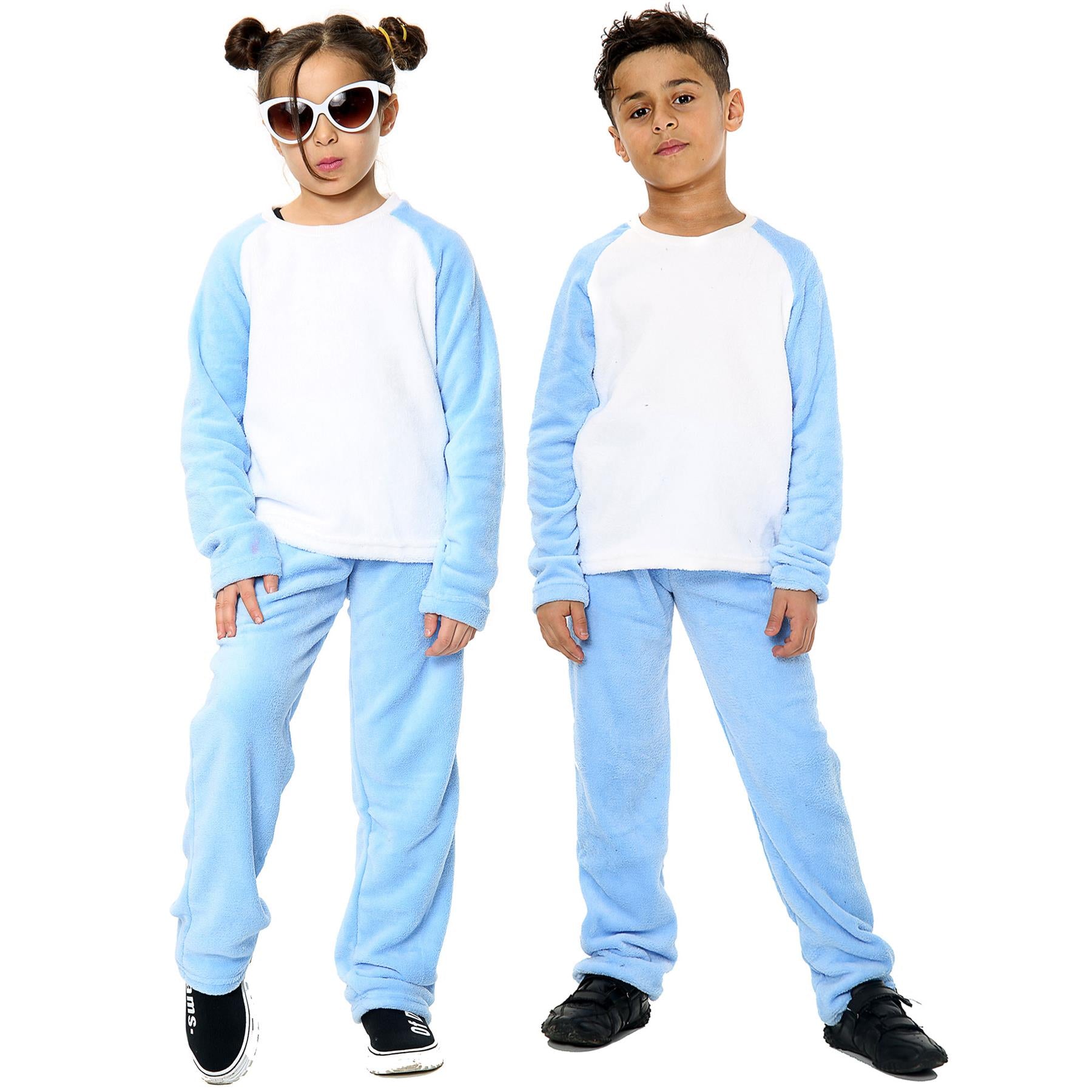 Girls Boys Plain Blue Fleece Pyjamas.