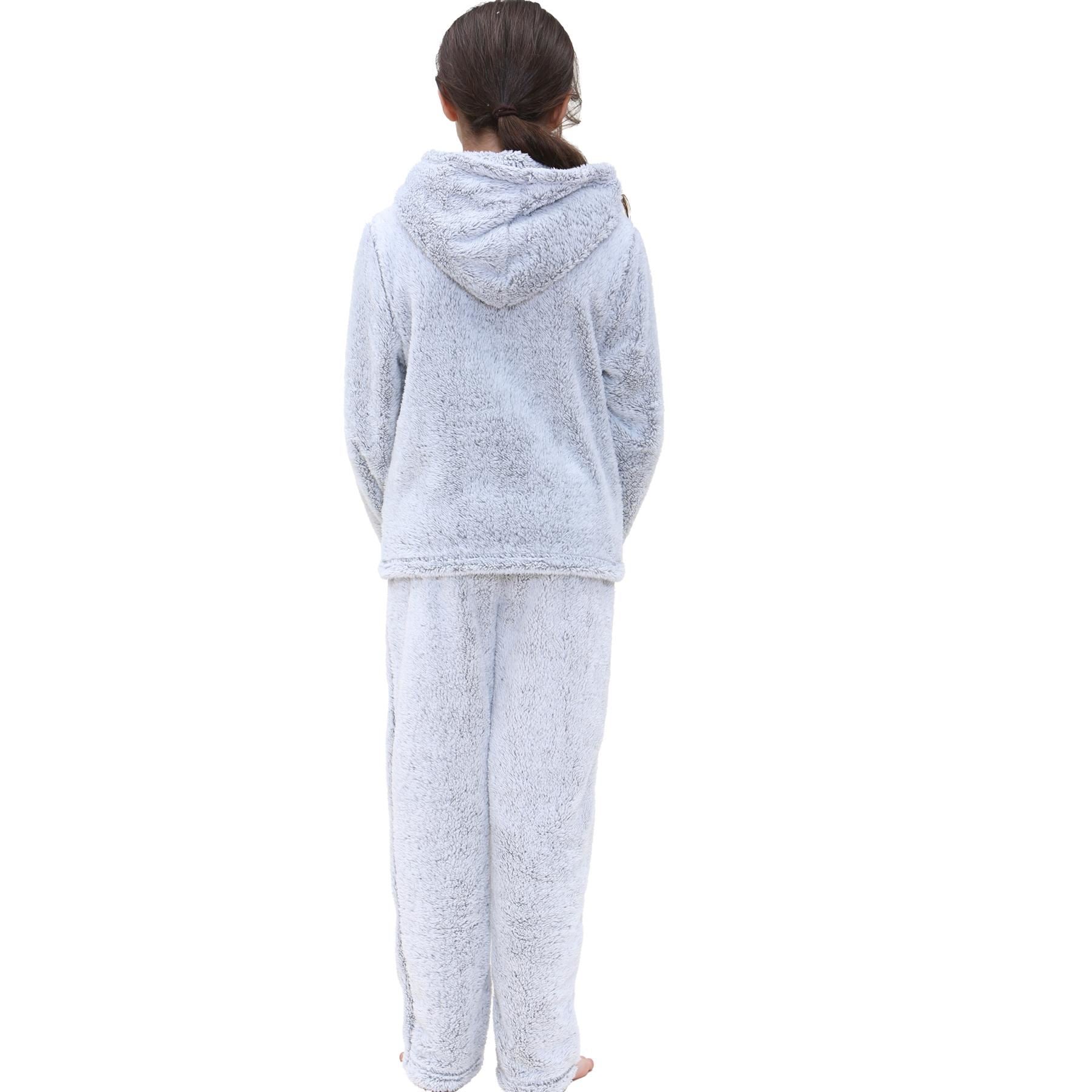 Kids Boys Girls Zipped Grey Pyjama Extra Soft Hooded Thick Pile Fleece PJS Set
