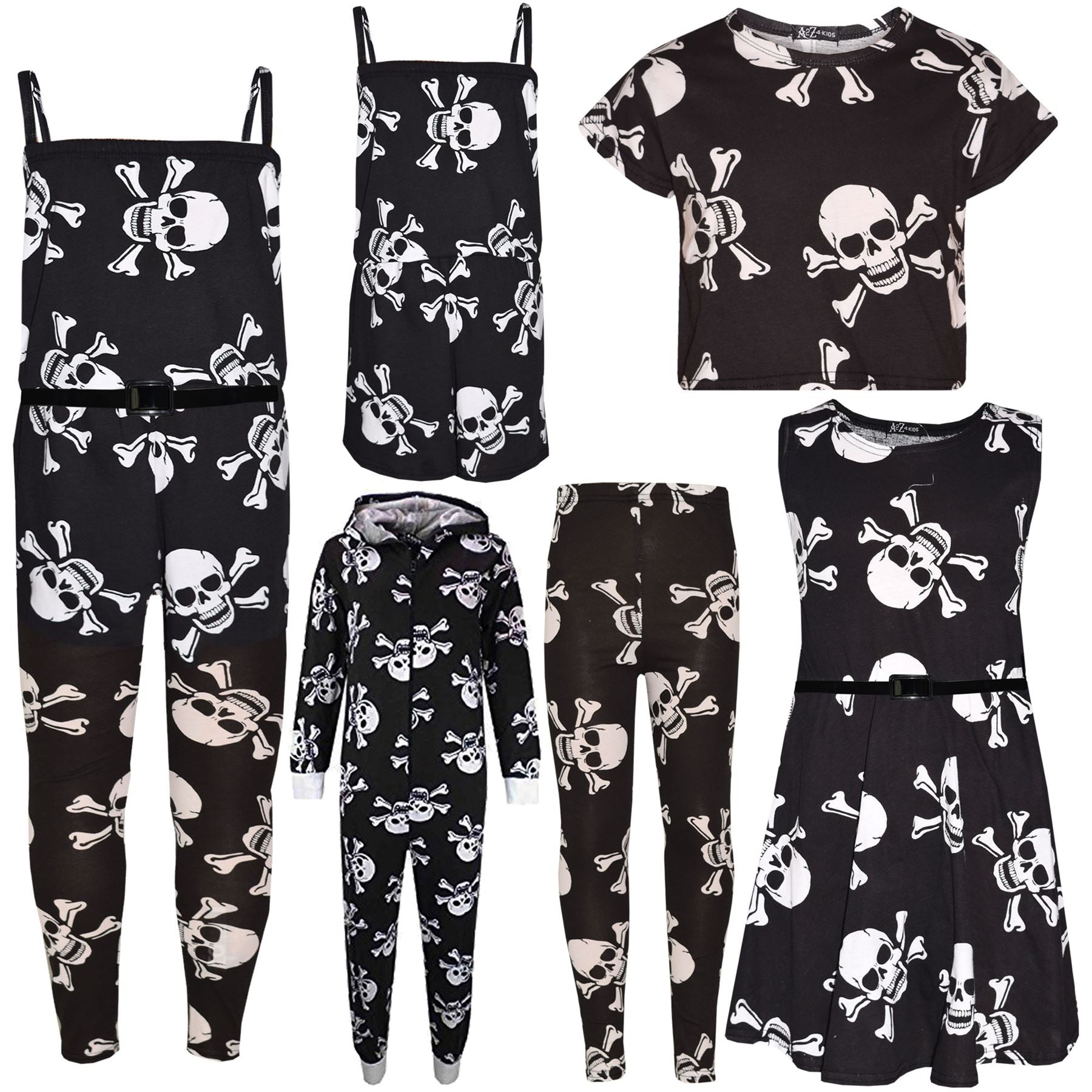 Kids Unisex Skull Print Halloween Top Legging Skater Dress