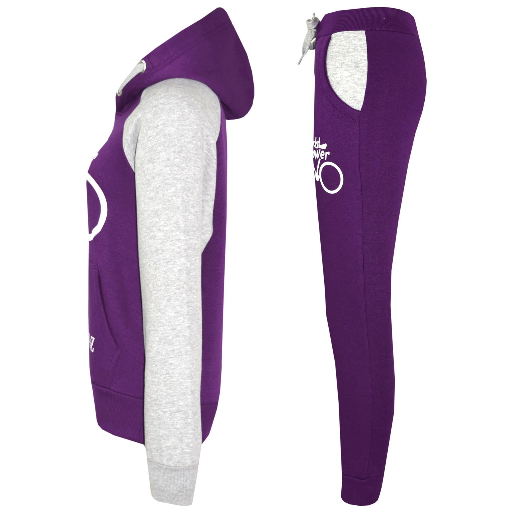 Kids Girls Pedal Power Print Hooded Purple And Grey Tracksuit