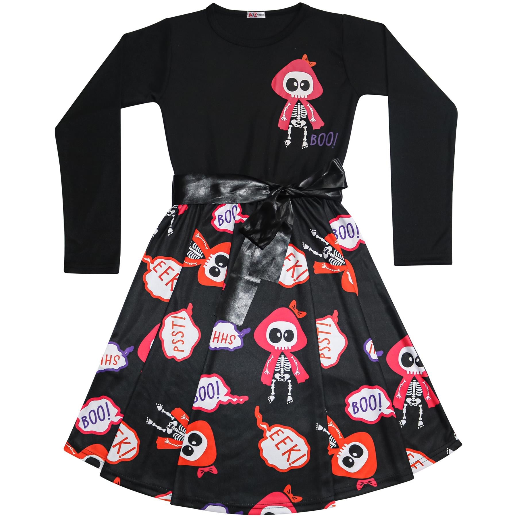 Girls Skeleton Print Contrast Panelled Halloween Skater Dress