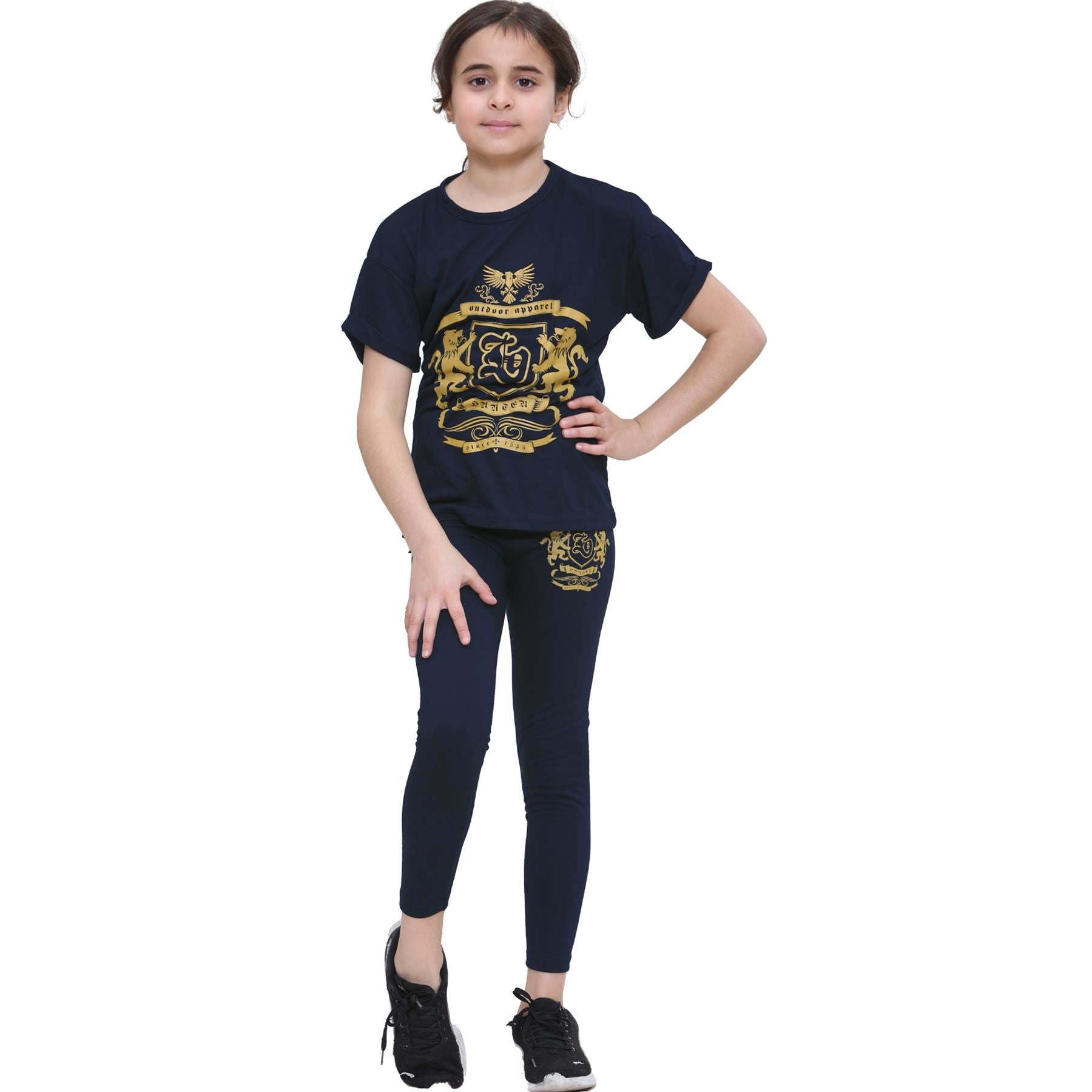 Kids Girls Varsity Lion Print T Shirt Top & Legging Set