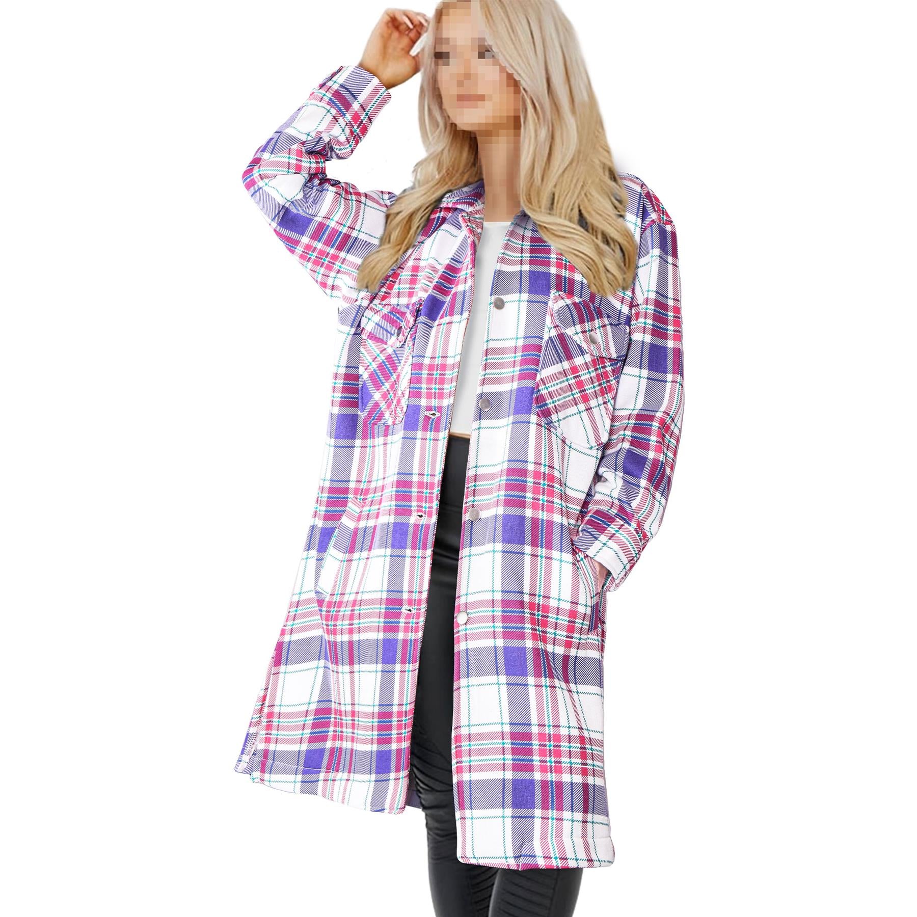 Ladies Longline Shacket Purple Checked Button Down Shirt Jacket Oversize Coat