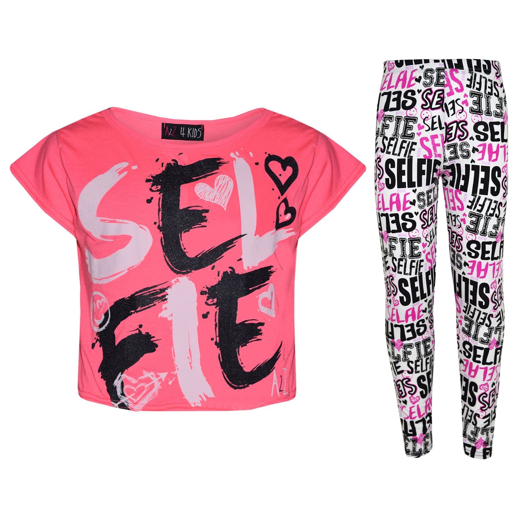 Kids Girls Selfie Brush Paint Print Crop Top & Legging Set