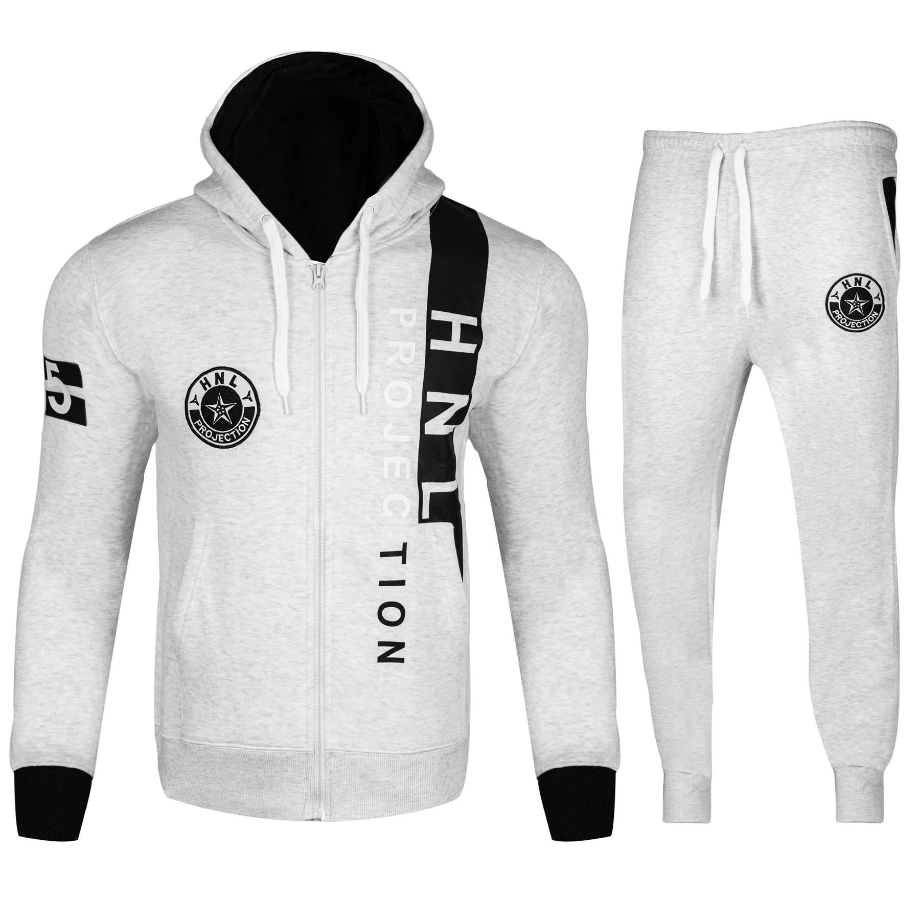 Mens Fashion Full Tracksuit HNL Print Fleece Zipped Hooded Top & Jogging Bottoms