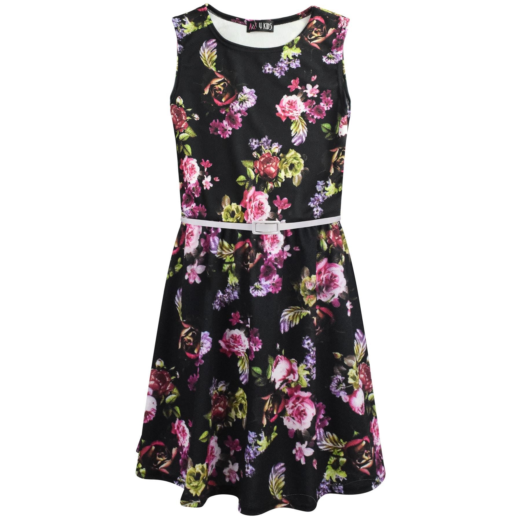 Kids Girls Skater Dress Sleeveless Floral Black Party