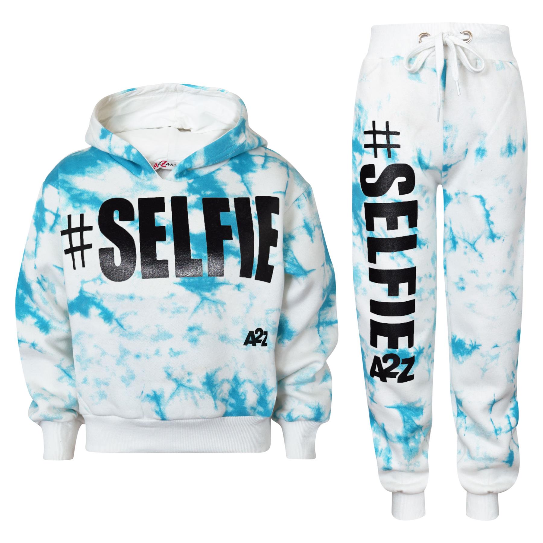 Kids Girls #Selfie Printed Hooded Crop Top & Bottom Jogging Suit