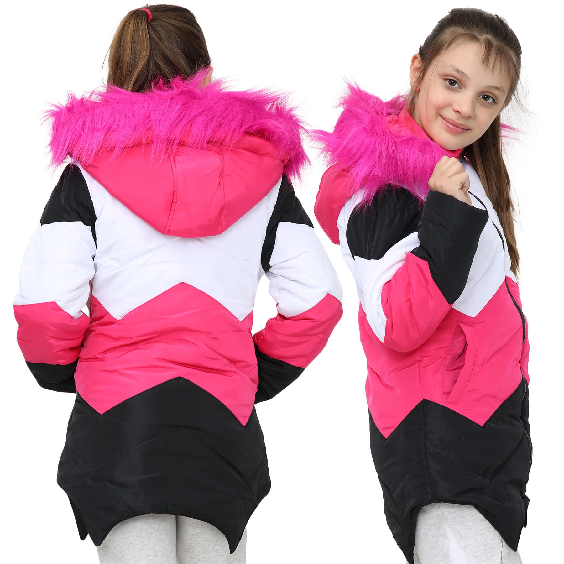 Kids Girls Hooded Contrast Panel Puffer Coat Faux Fur New Fashion - Kids Clothing Store