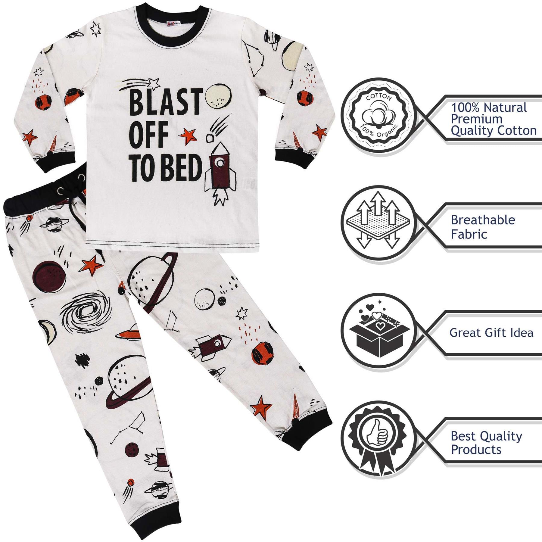 Kids Girls Boys Blast Off To Bed Print Pyjamas Set - Kids Clothing Store