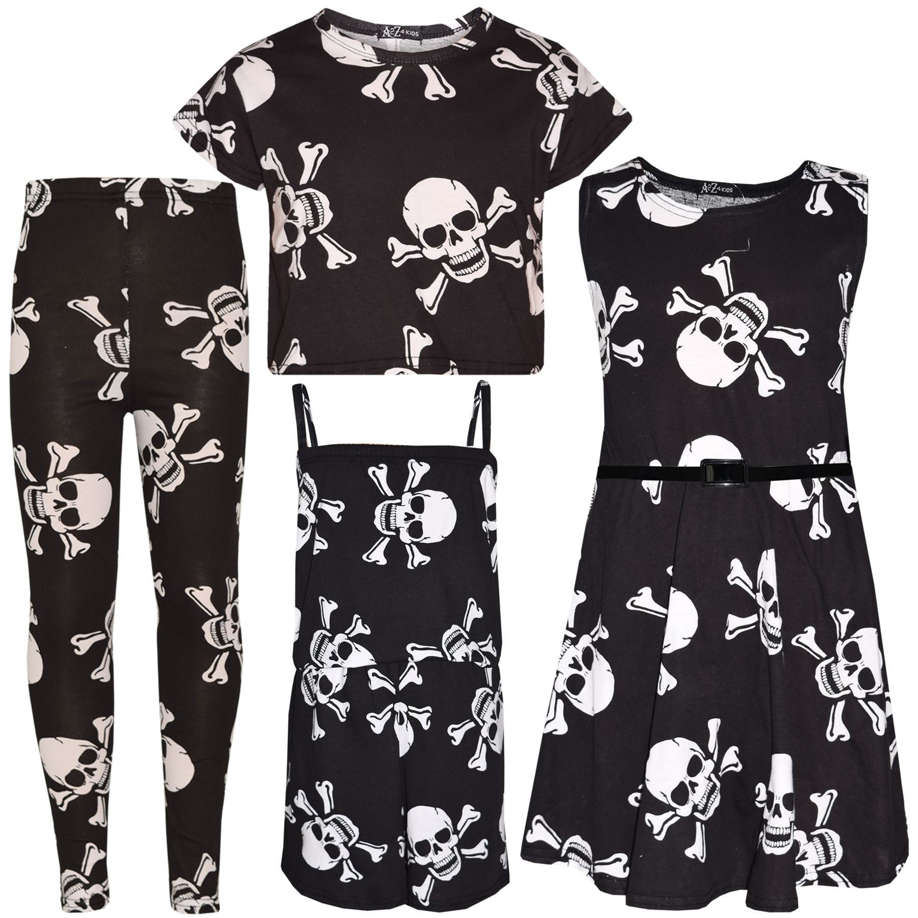 Kids Unisex Skull Print Halloween Top Legging Skater Dress