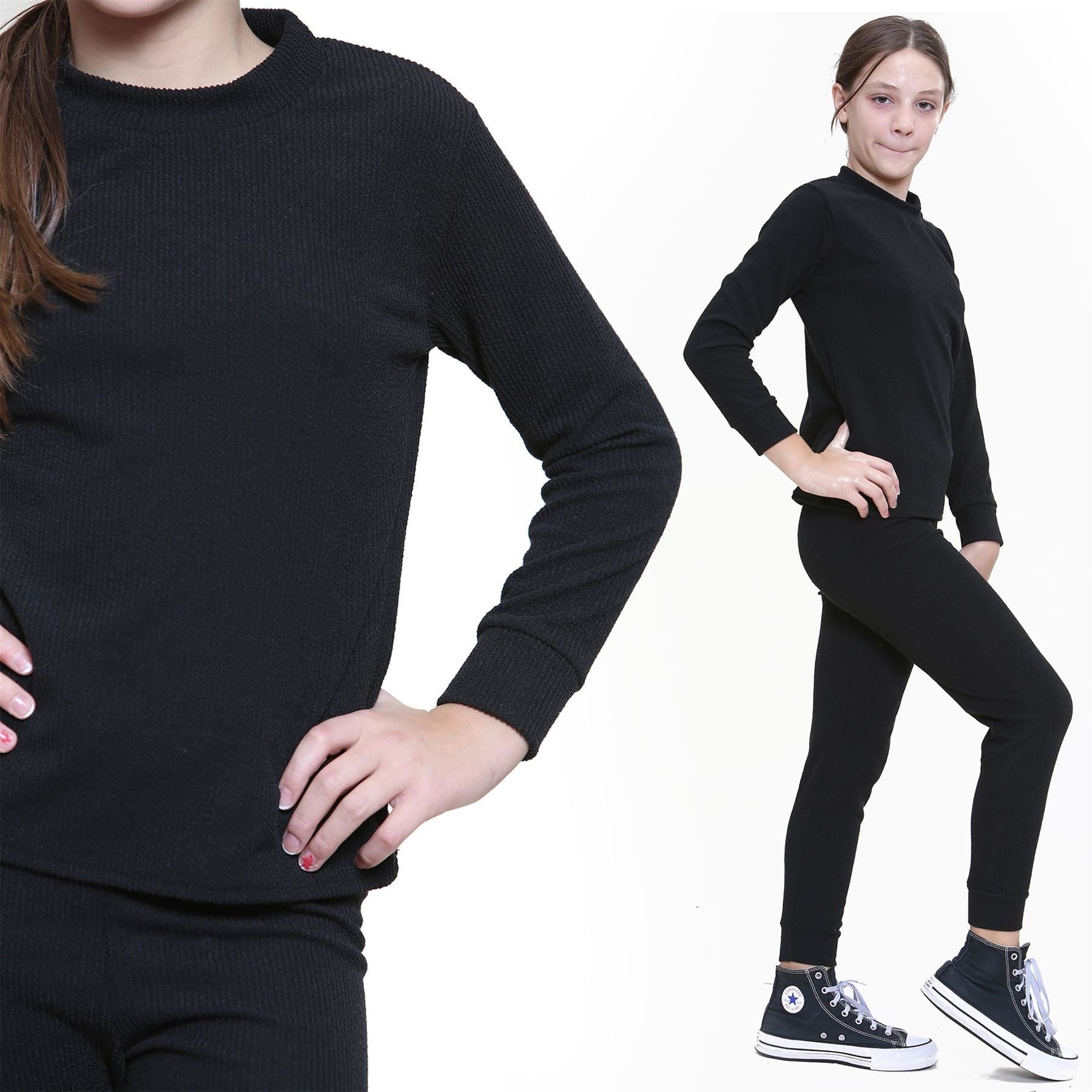 Kids Girls Ribbed Top & Bottom Tracksuit Black Lounge Wear Set