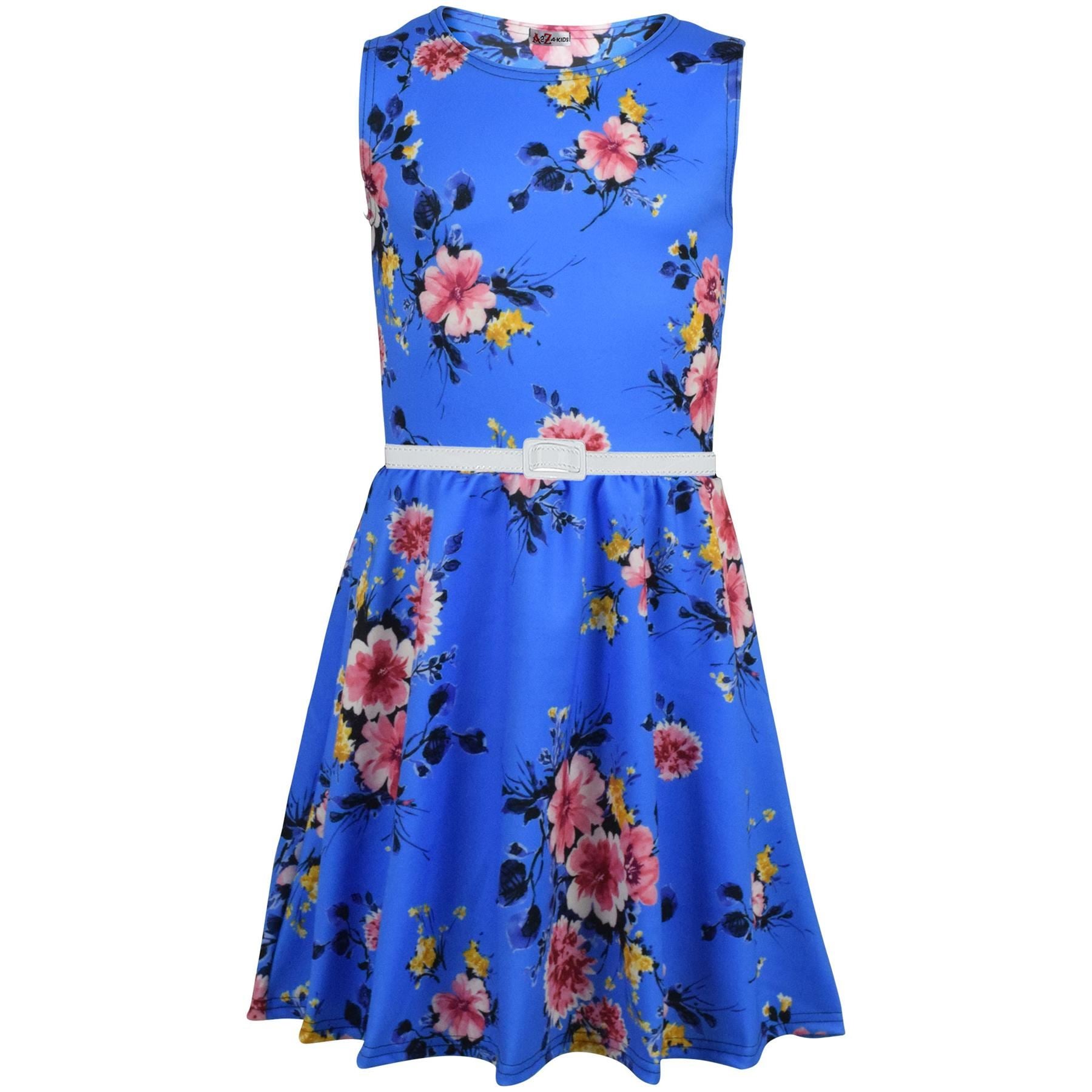 Girls Floral Print Royal Blue Skater Dress