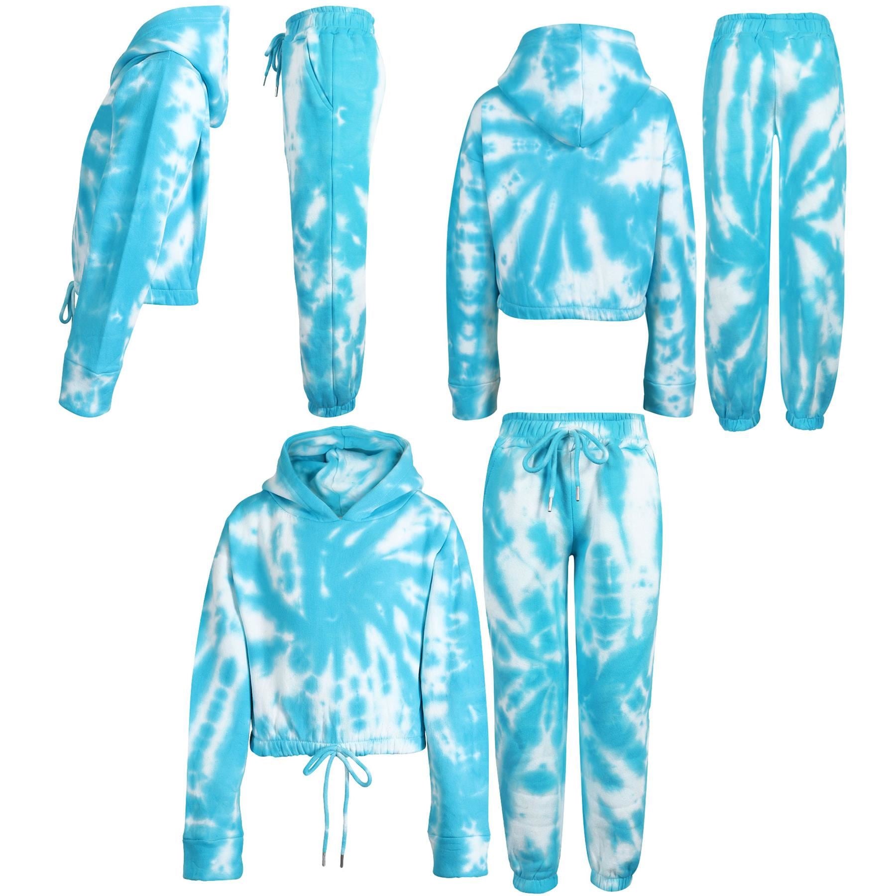 Kids Girls Tie Dye Blue Tracksuit Gym Cropped Hoodie Sweatpants