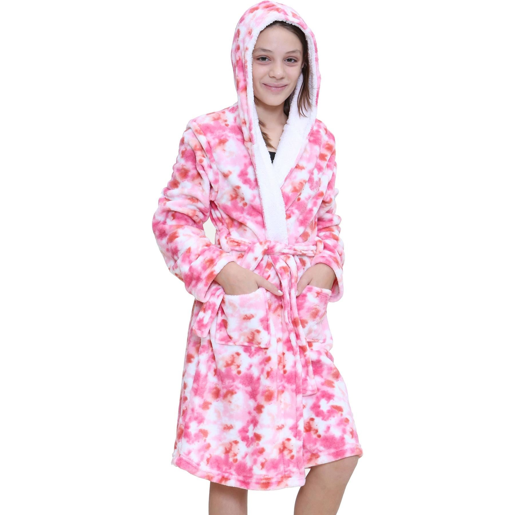 Girls Soft Tie Dye Pink Printed Hooded Robe