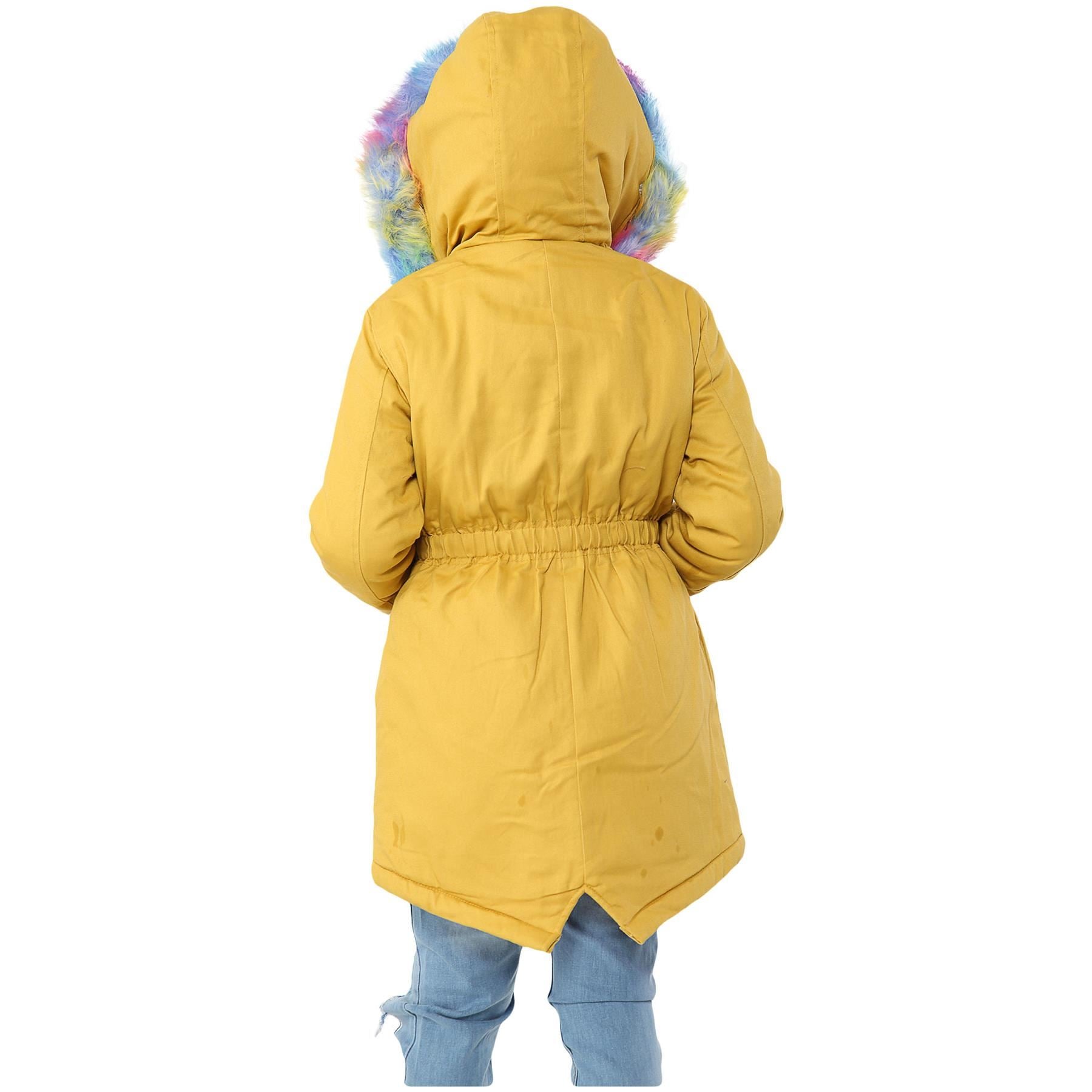 Kids Girls Hooded Coat Rainbow Faux Fur Mustard Parka School Jackets