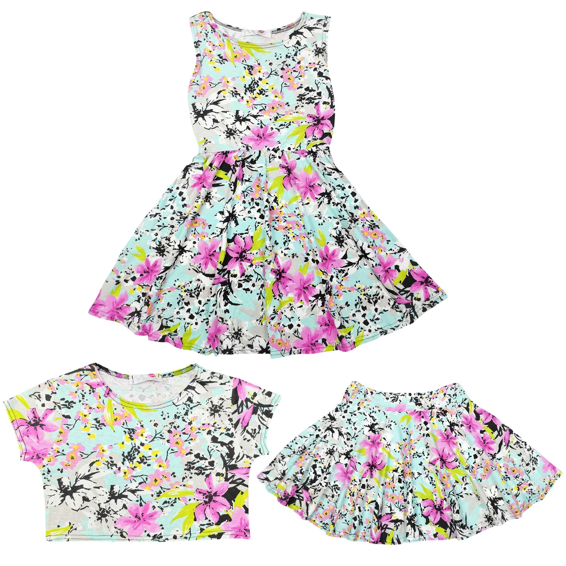 Kids Girls Floral Print Crop Top & Skater Dress